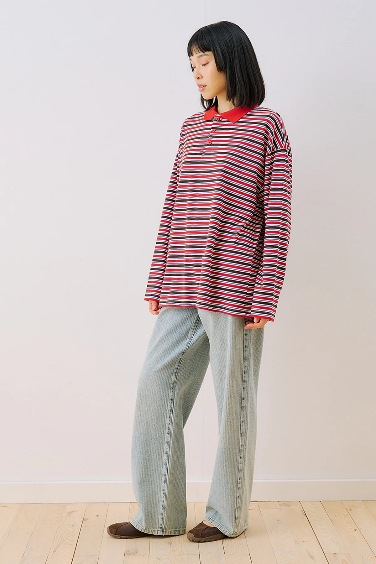 Striped Polo Collar Sweatshirt Red - Image 7