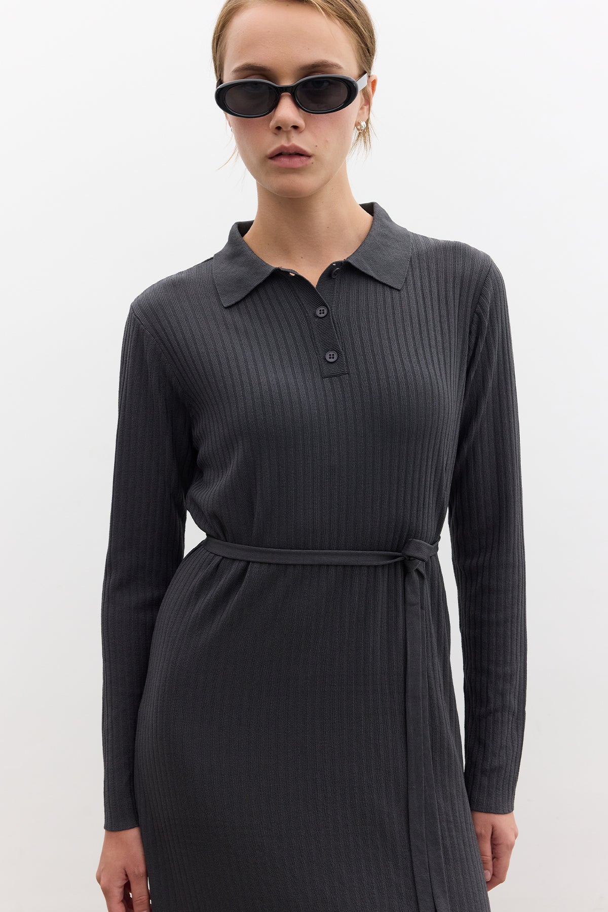Collared Knit Dress Anthracite - Image 3