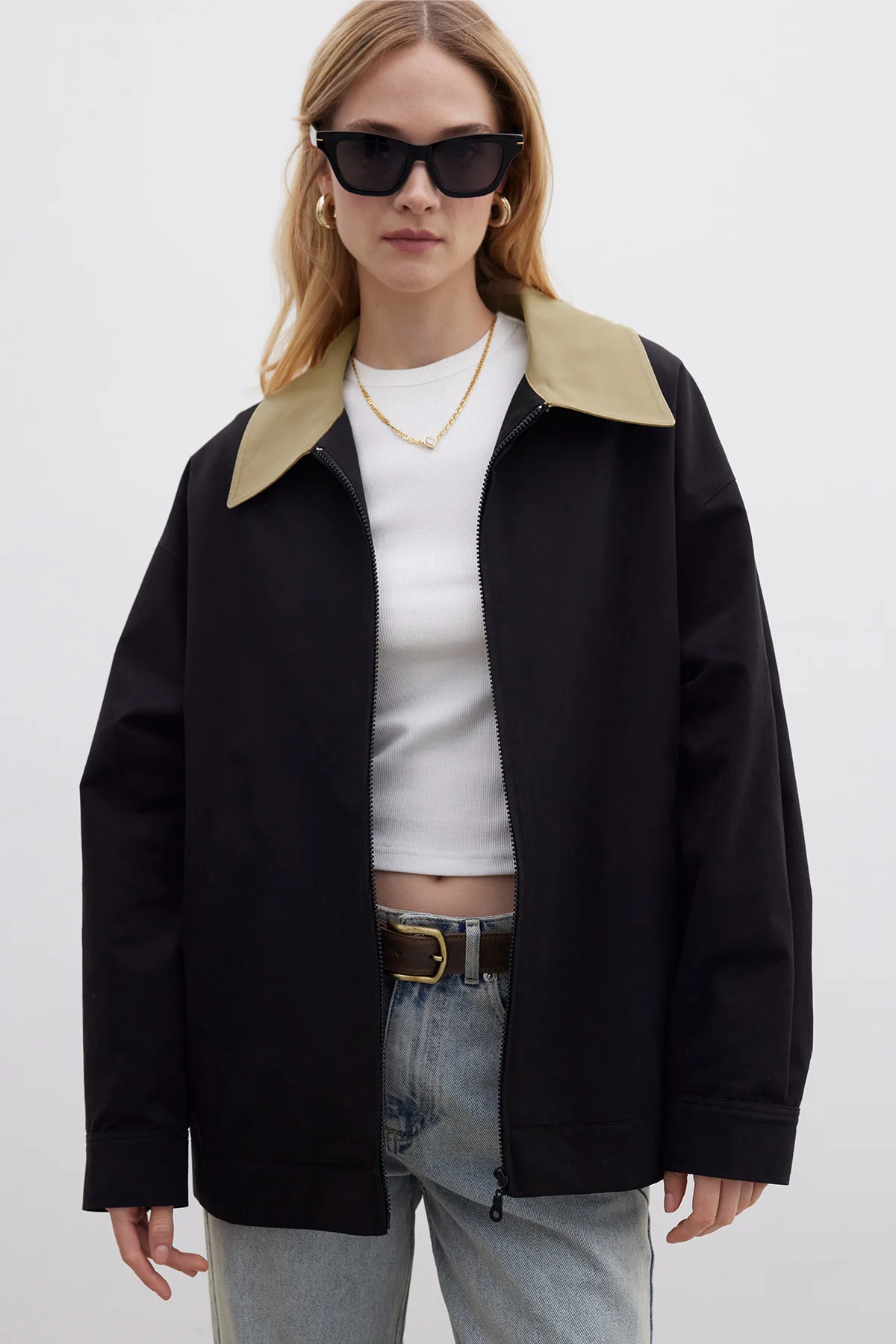 Contrast Collar Gabardine Jacket Black - Image 4