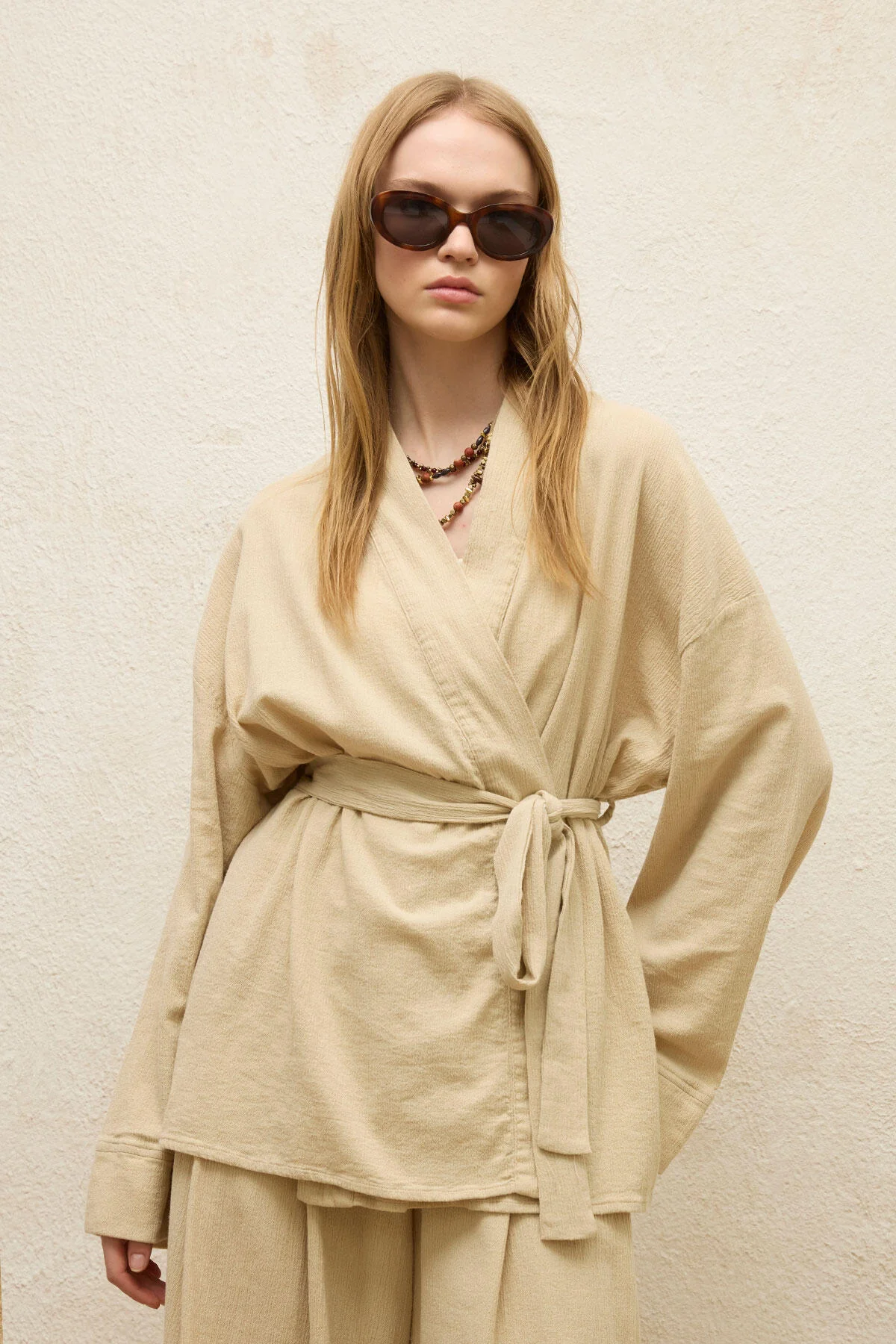 Cotton Belted Kimono Beige - Image 2
