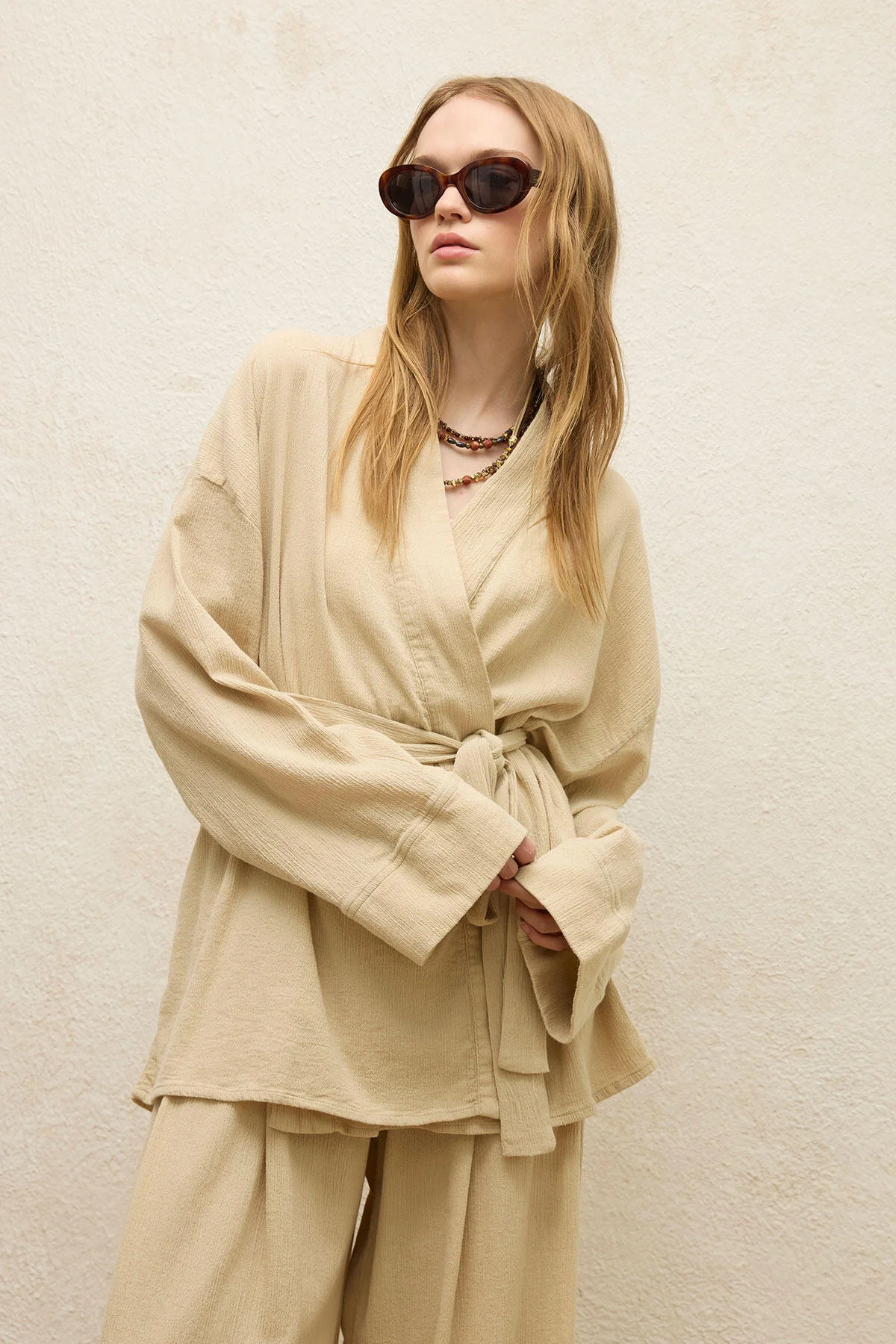 Cotton Belted Kimono Beige - Image 7