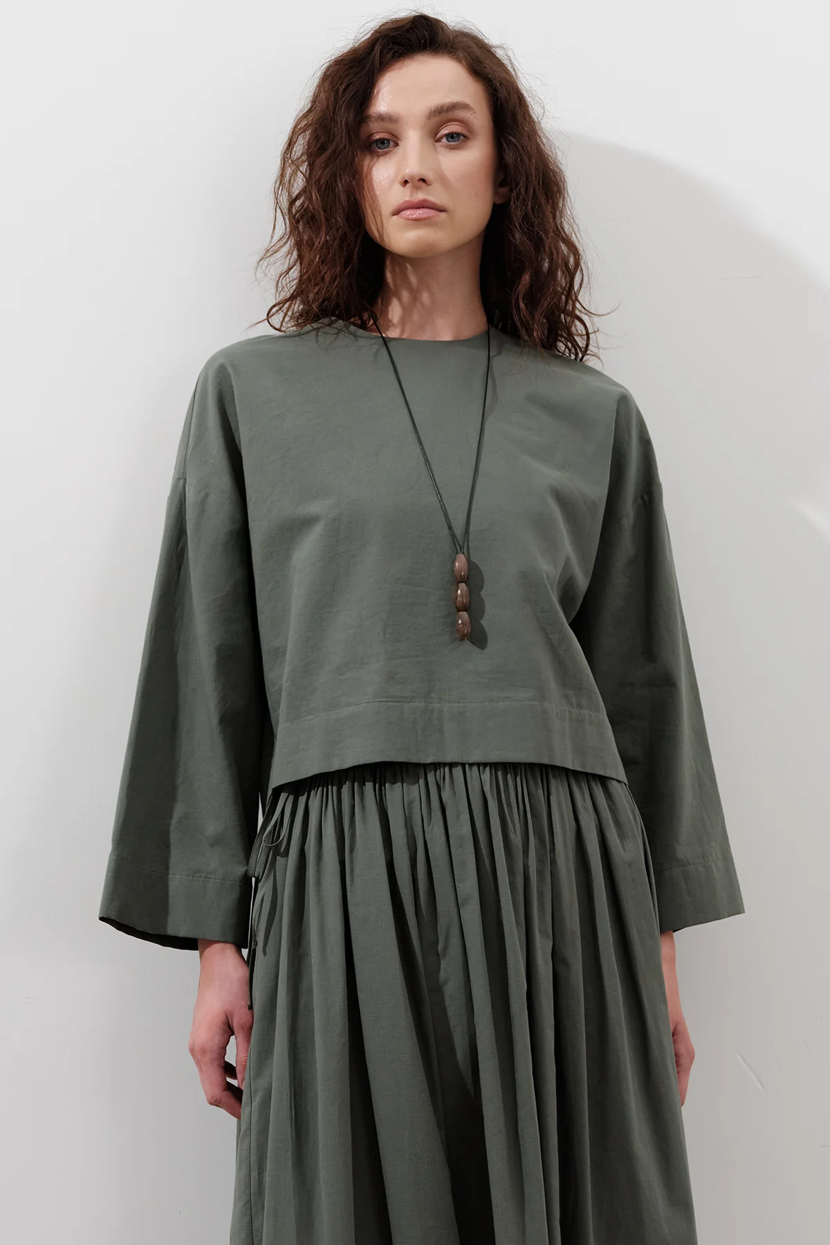 Cotton Crop Long Sleeve Top Pine Green