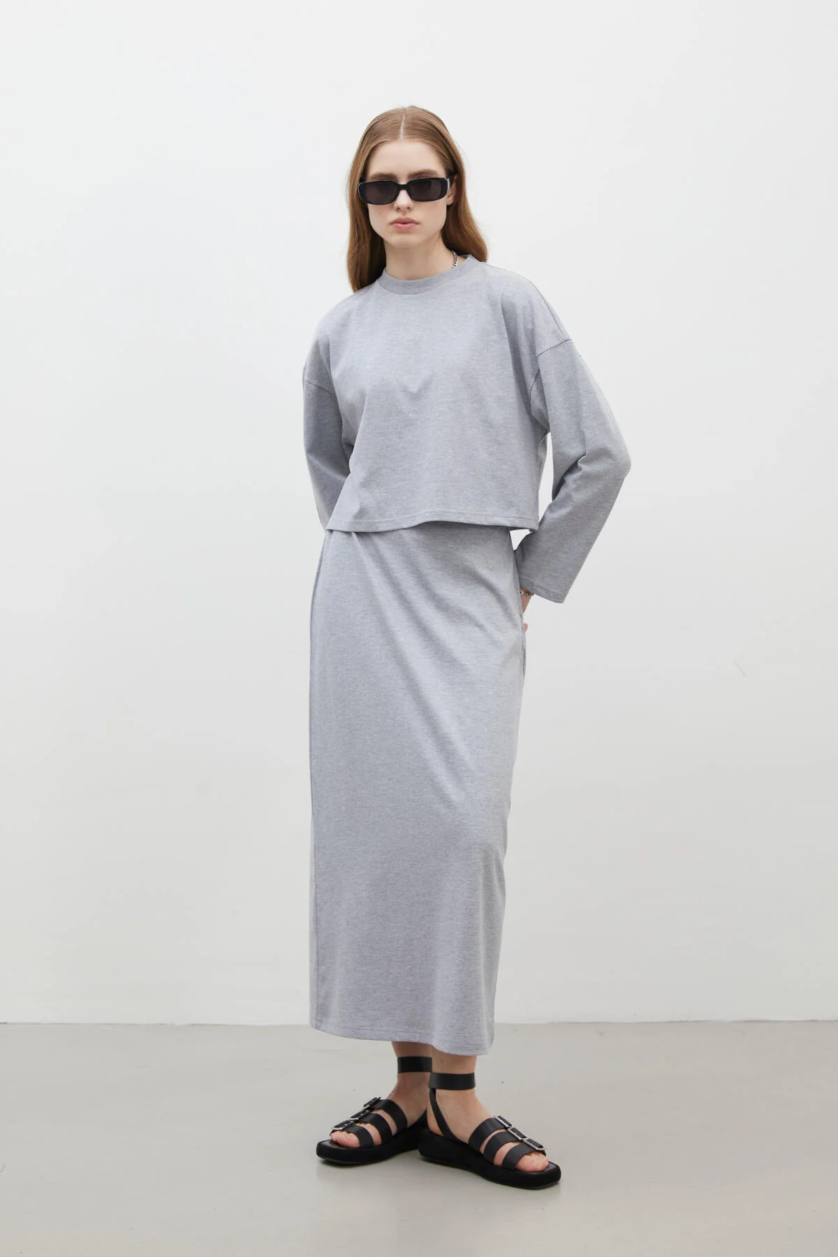 Cotton Pencil Skirt Grey Melange - Image 2