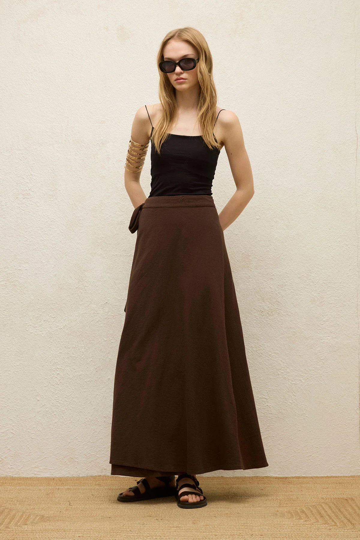 Cotton Tie-Waist Wrap Skirt Dark Brown - Image 3
