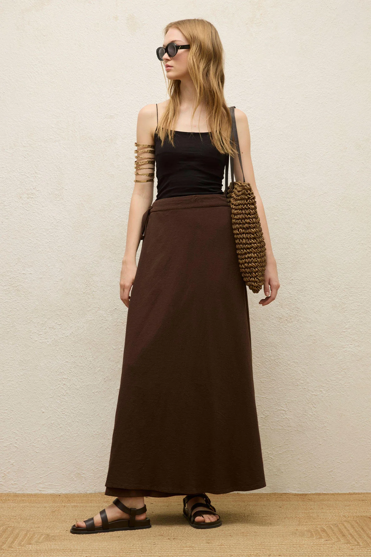 Cotton Tie-Waist Wrap Skirt Dark Brown - Image 4