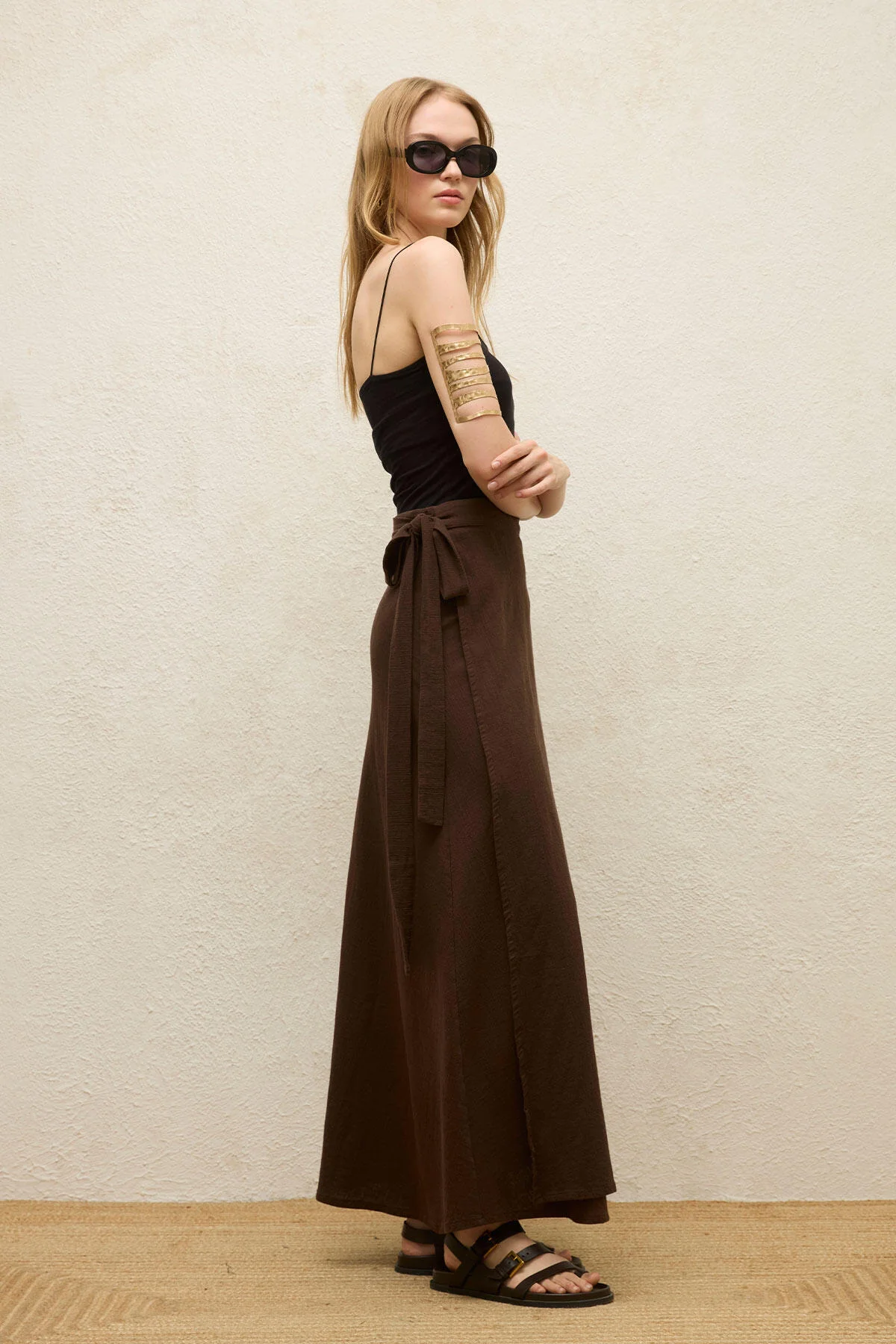 Cotton Tie-Waist Wrap Skirt Dark Brown - Image 6