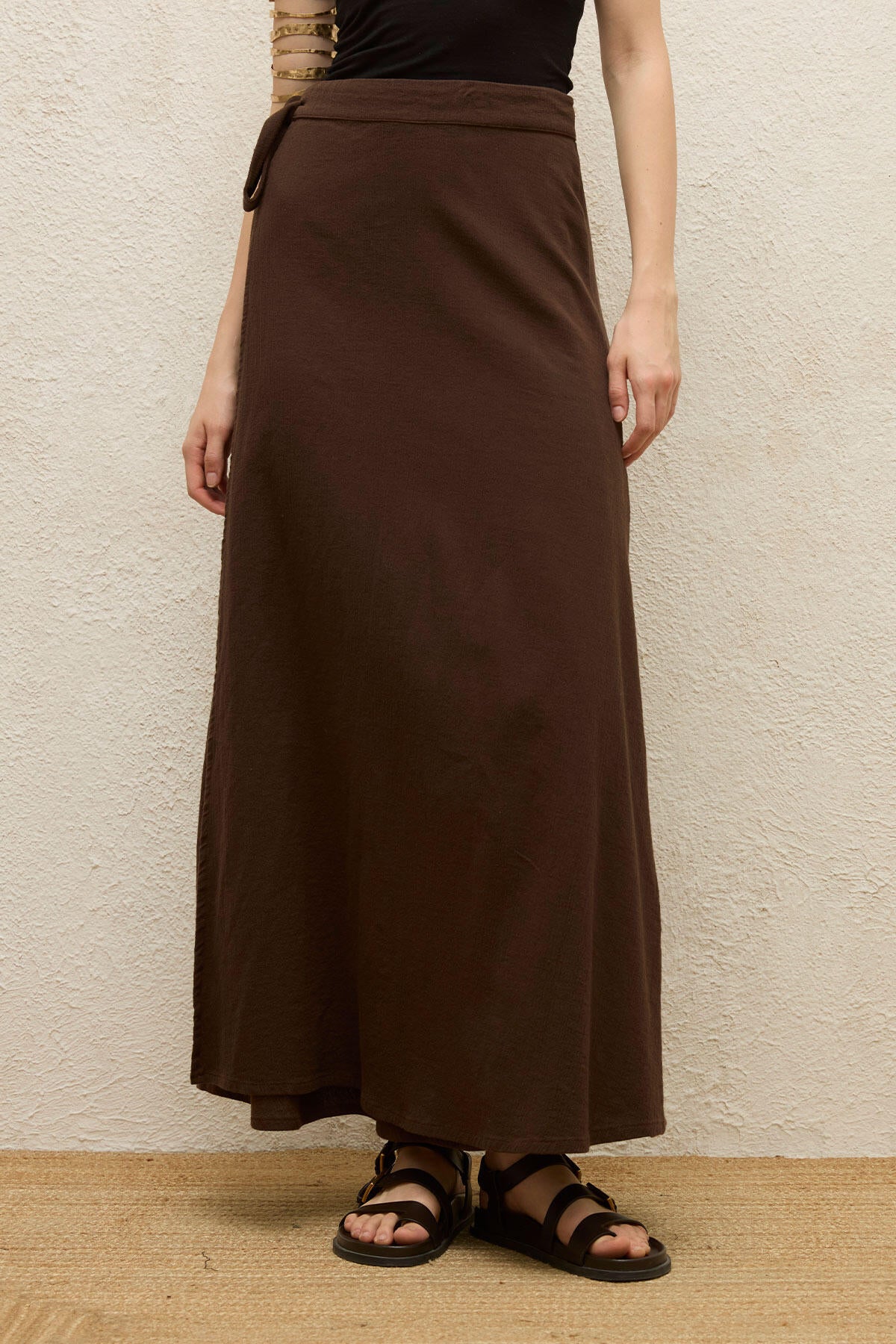 Cotton Tie-Waist Wrap Skirt Dark Brown - Image 7