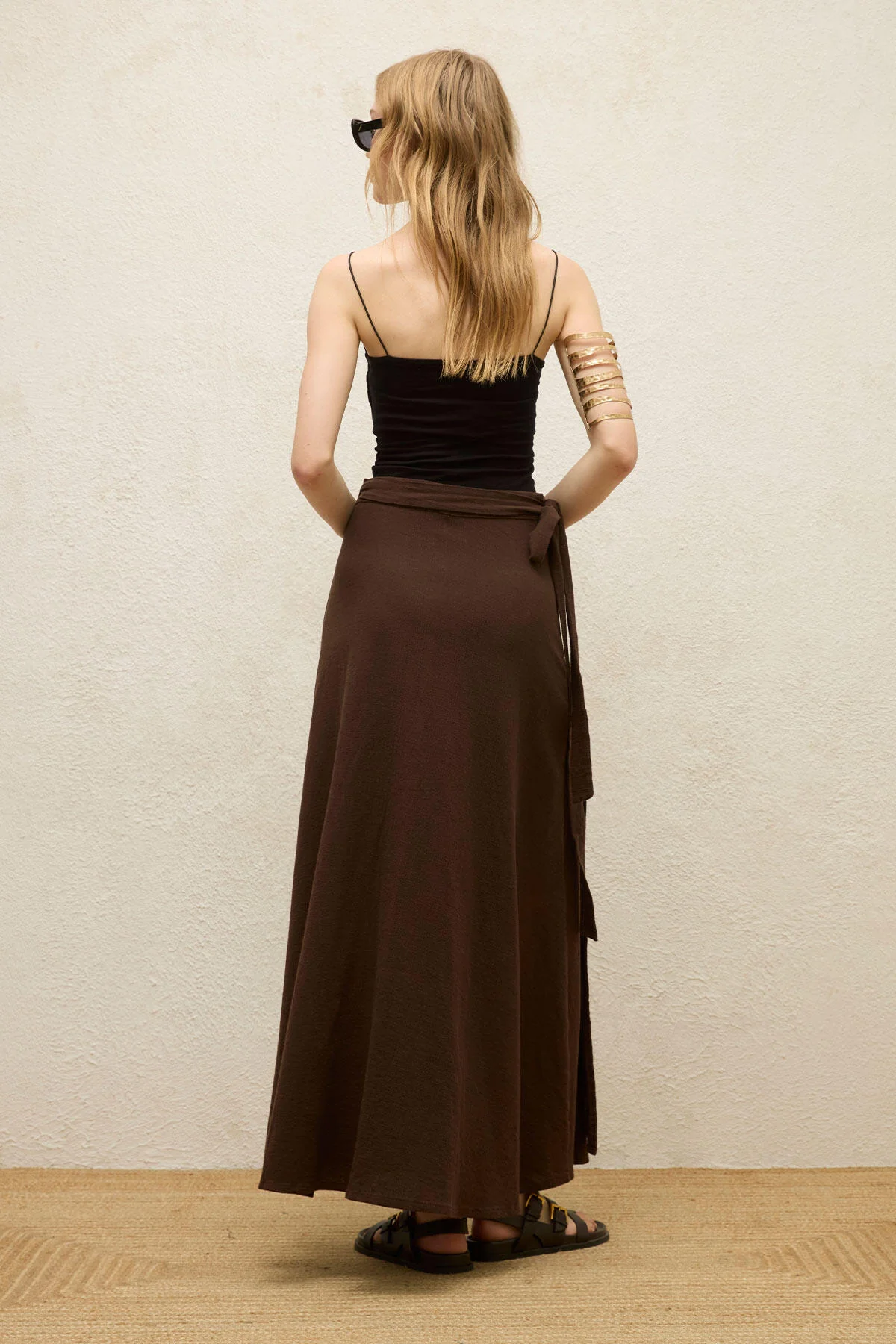 Cotton Tie-Waist Wrap Skirt Dark Brown - Image 8