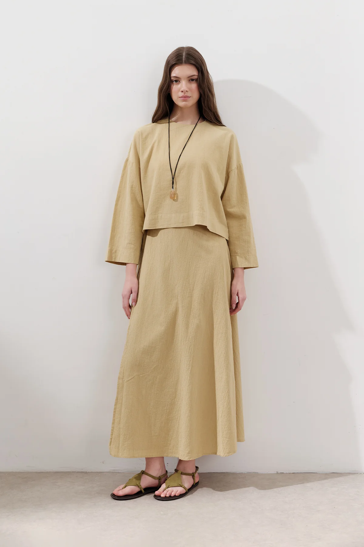 Cotton Wide-Sleeve Crop Blouse Yellow - Image 3