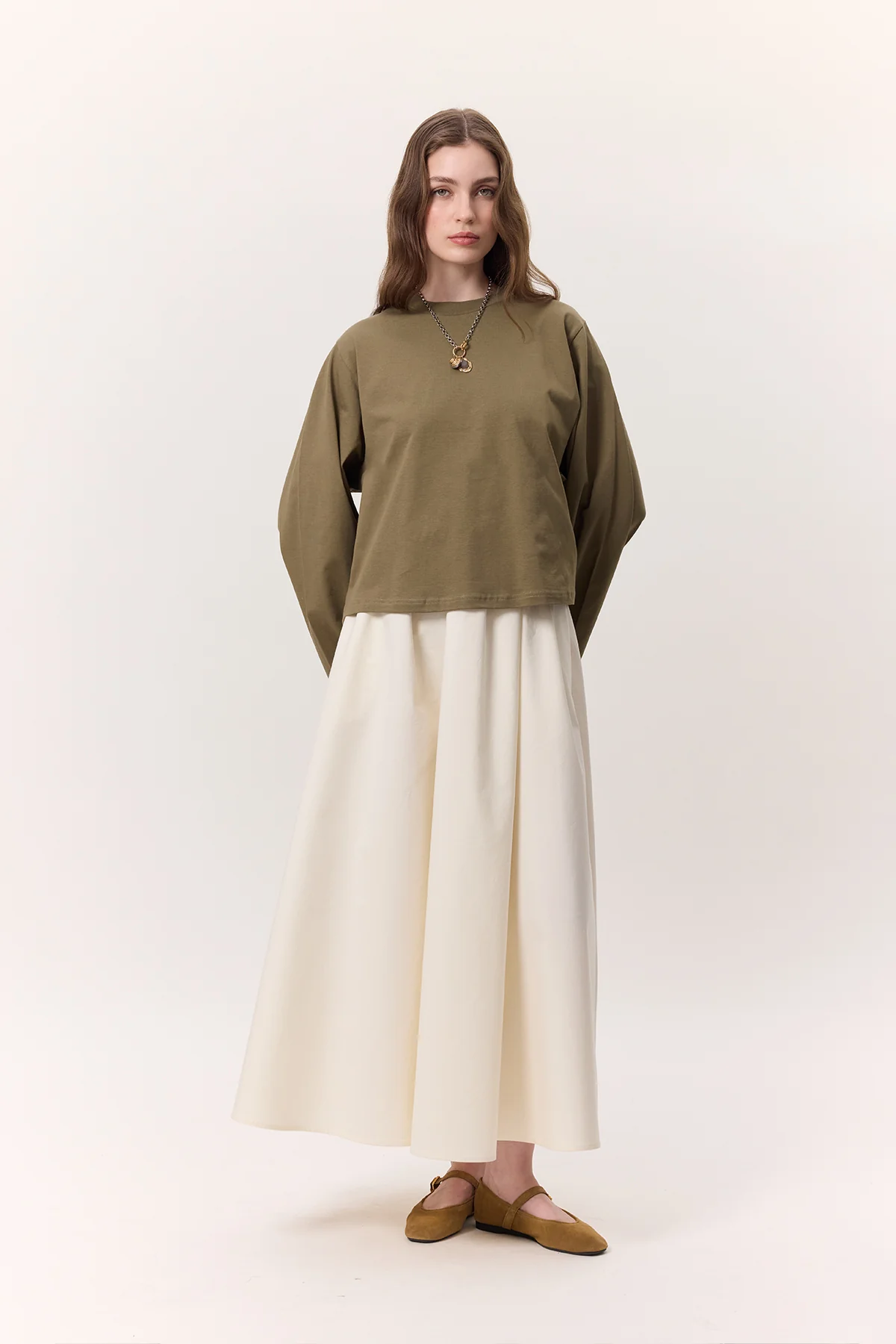 Cropped Long-Sleeve T-Shirt Khaki - Image 2