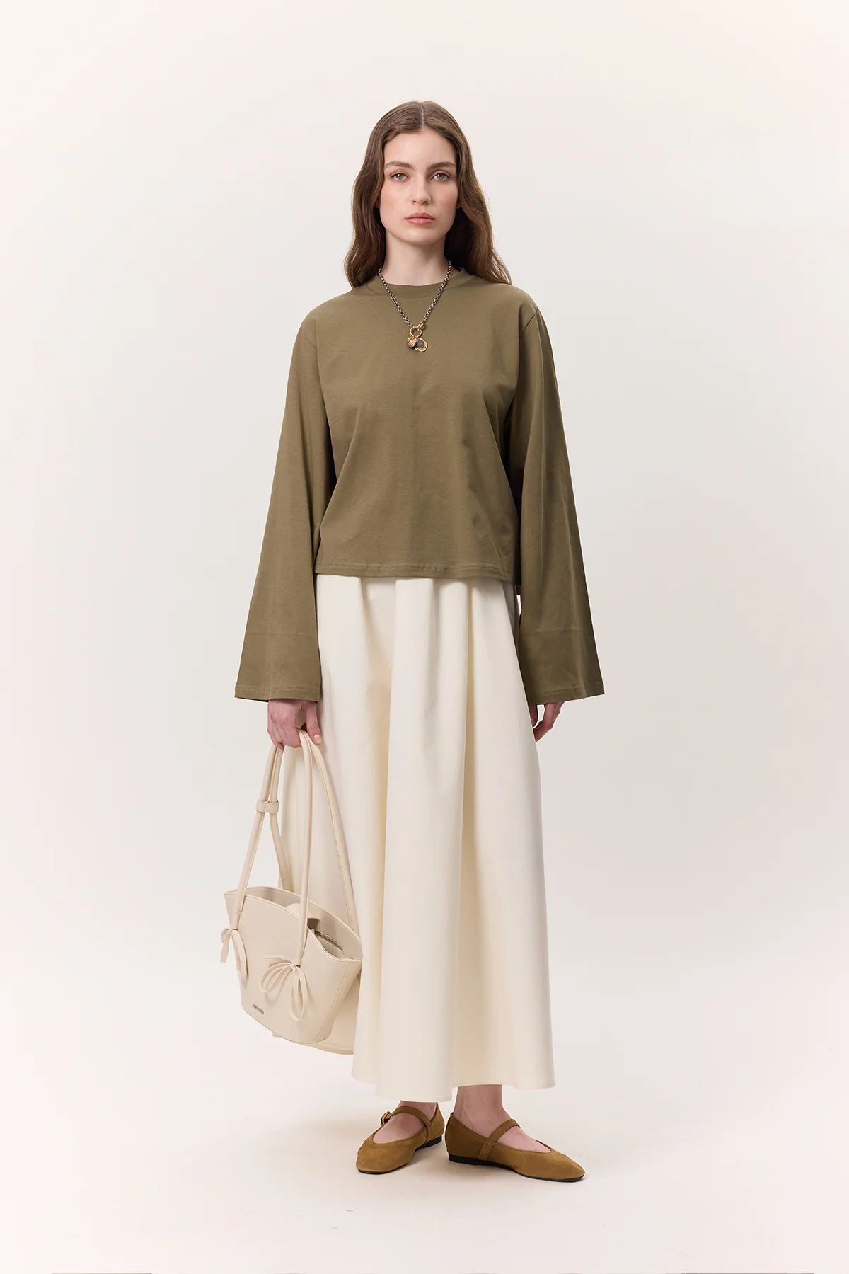 Cropped Long-Sleeve T-Shirt Khaki - Image 3