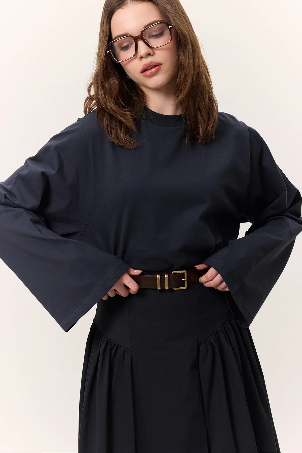 Cropped Long-Sleeve T-Shirt Navy Blue - Image 3
