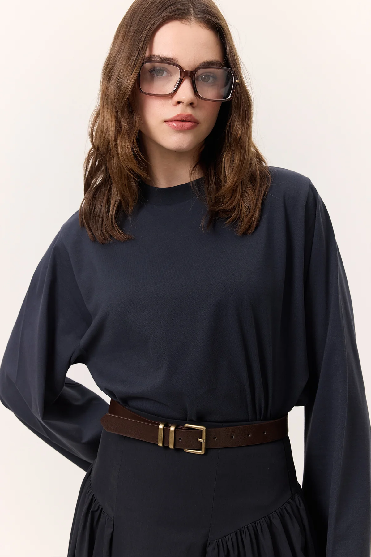 Cropped Long-Sleeve T-Shirt Navy Blue - Image 4