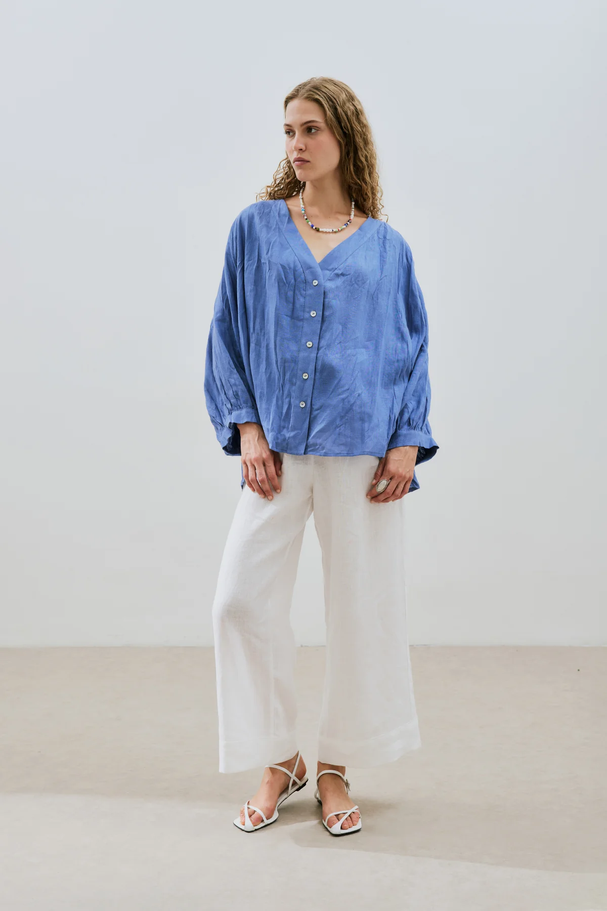Crushed Linen Button Blouse Blue - Image 2
