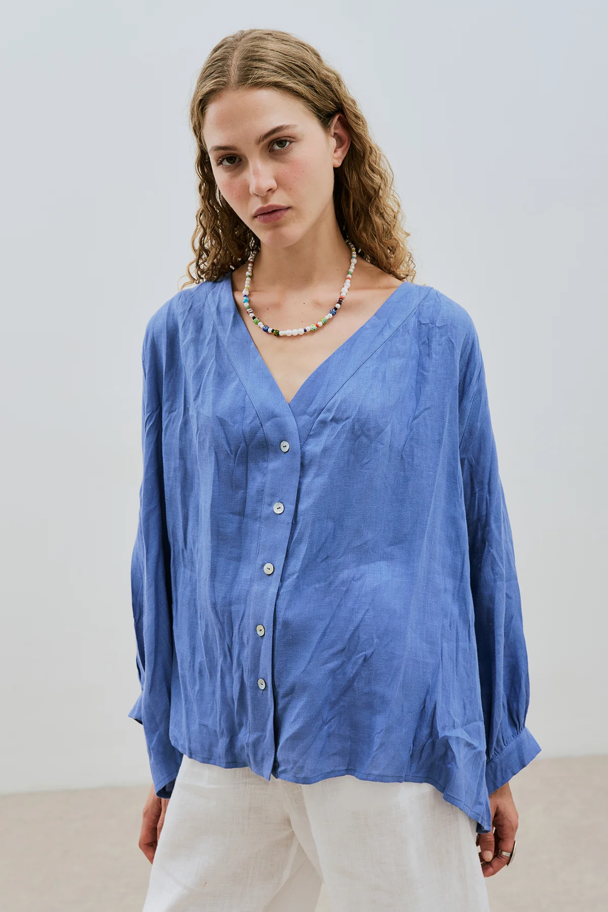 Crushed Linen Button Blouse Blue - Image 3