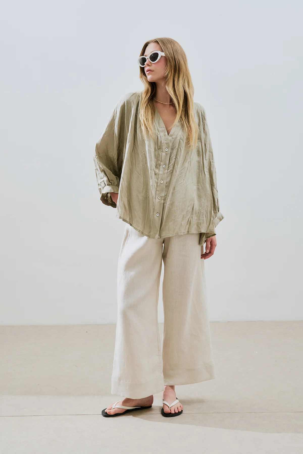 Crushed Linen Button Blouse Green - Image 2