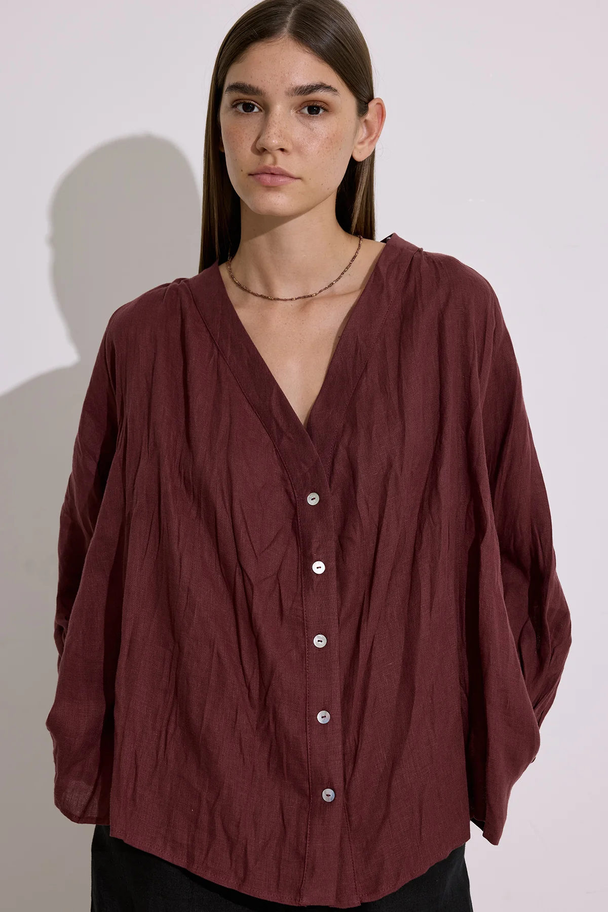 Crushed Linen Button Blouse Maroon - Image 2