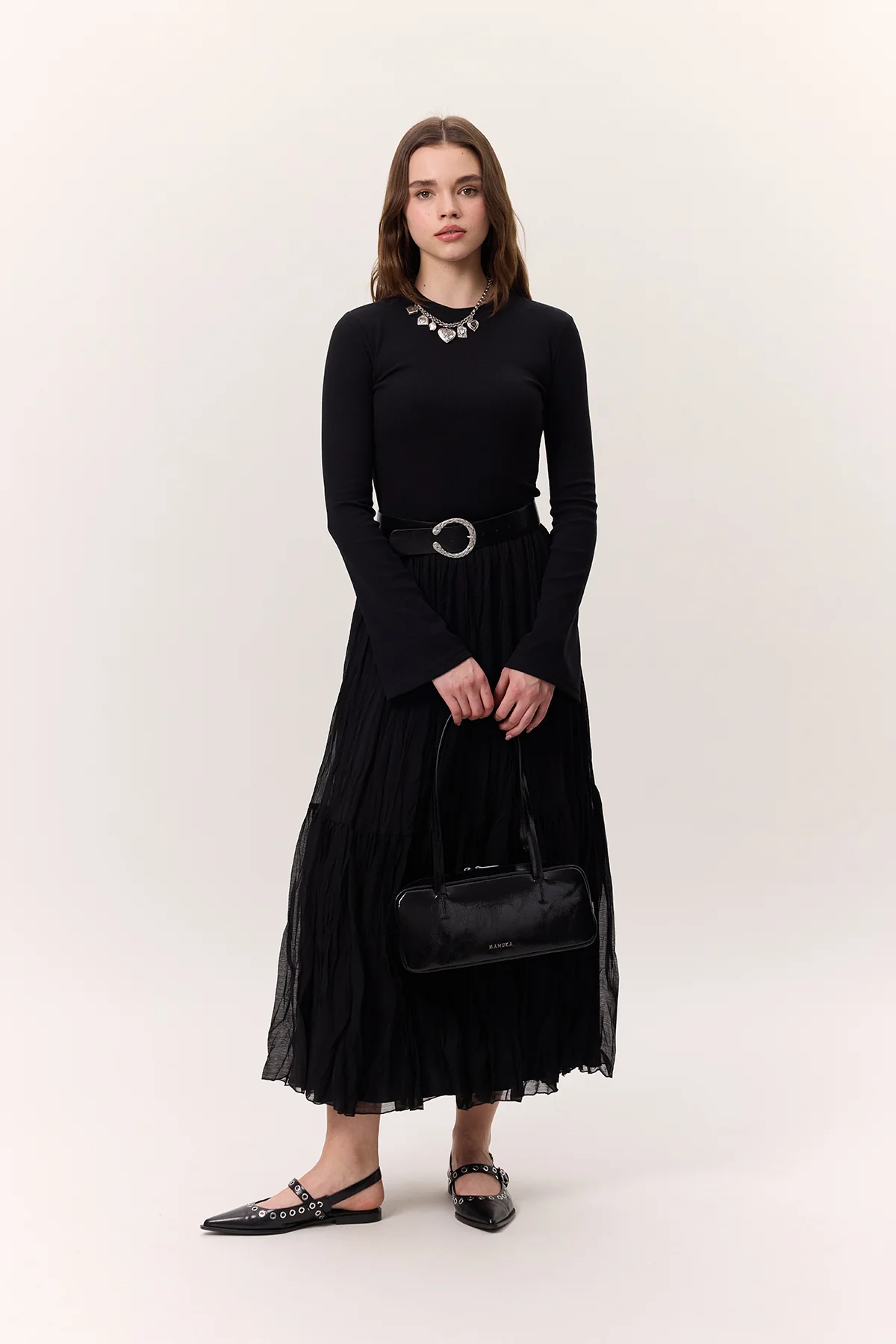 Crushed Pleated Maxi Skirt Black