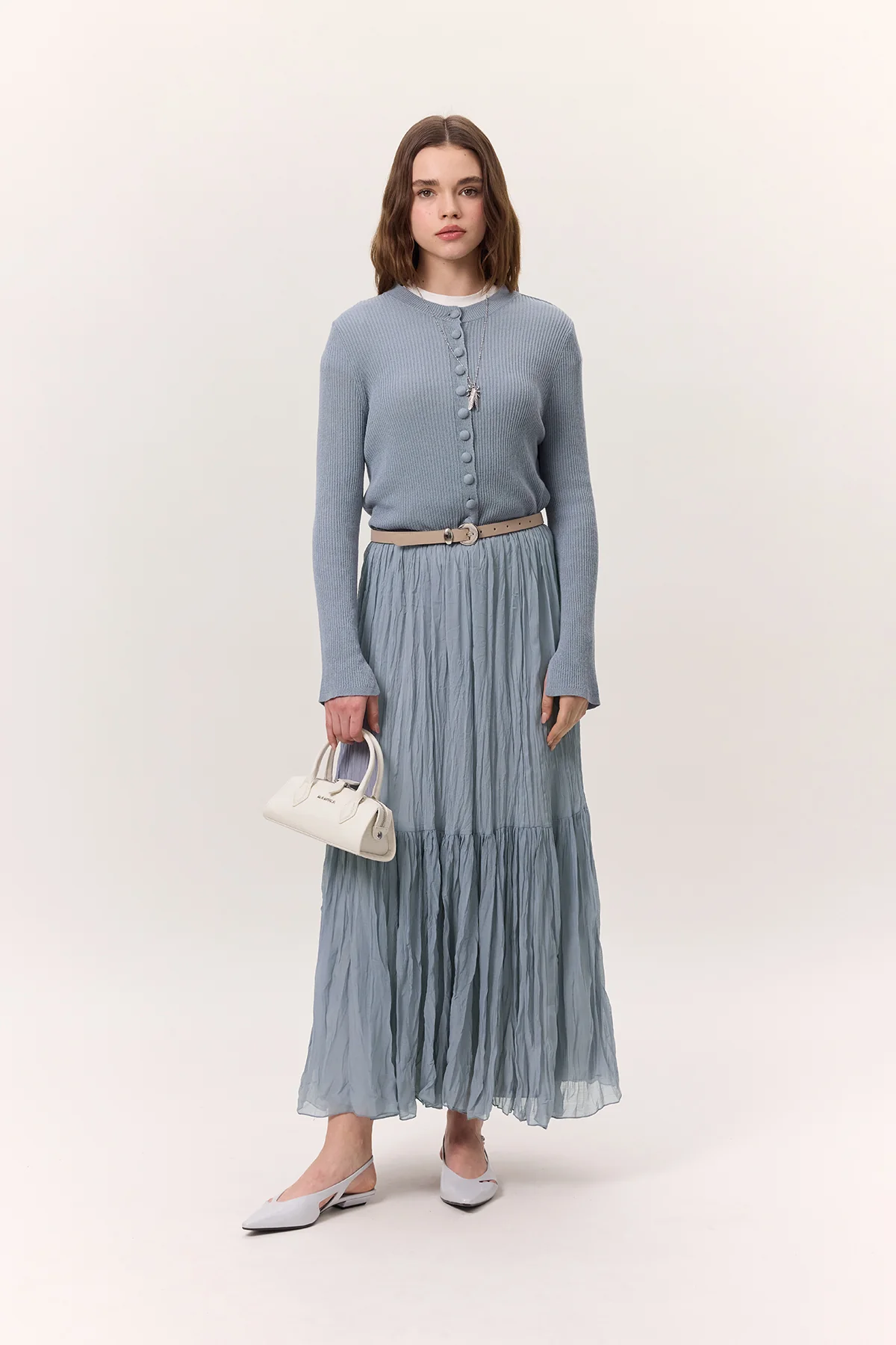 Crushed Pleated Maxi Skirt Blue