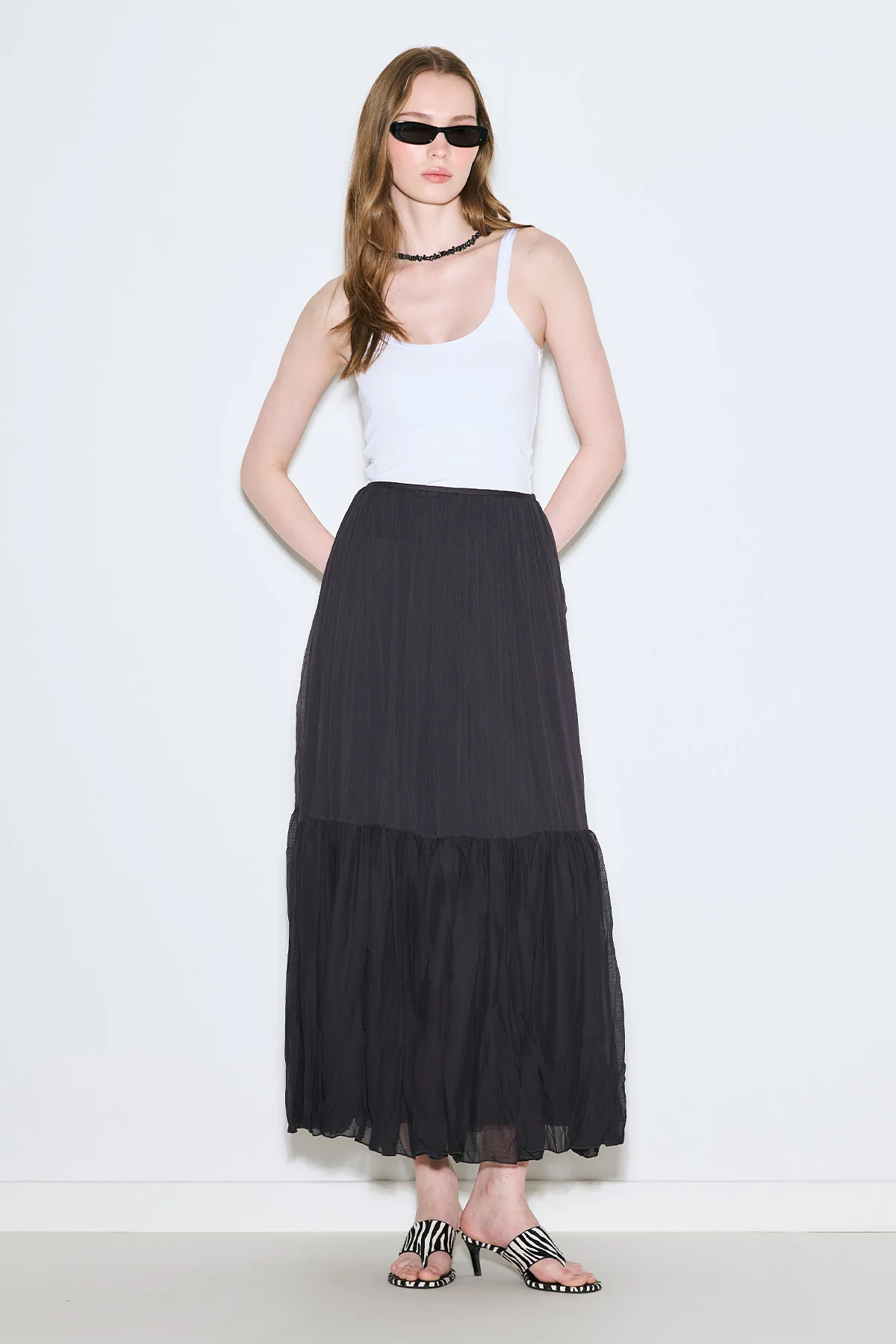 Crushed Pleated Maxi Skirt Navy Blue - Image 3