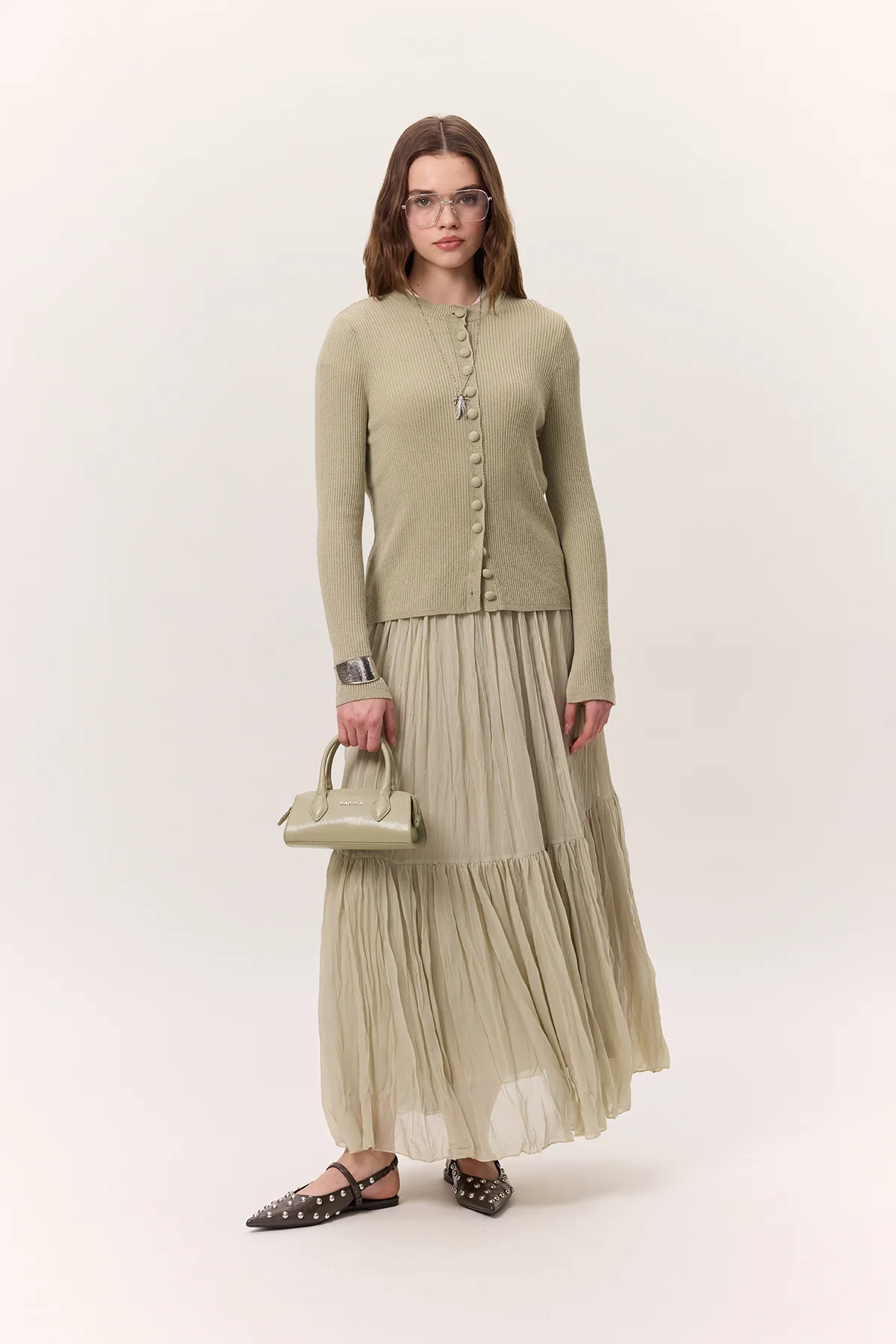 Crushed Pleated Maxi Skirt Sage Green - Image 2