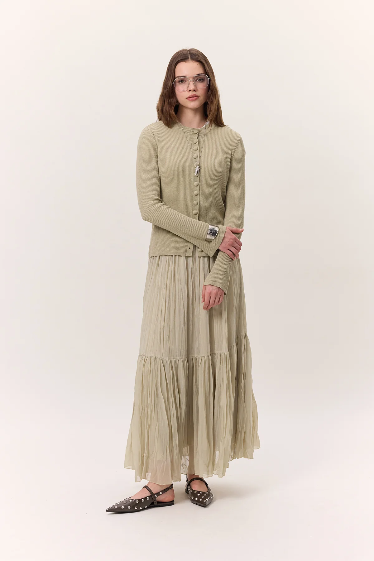 Crushed Pleated Maxi Skirt Sage Green - Image 4