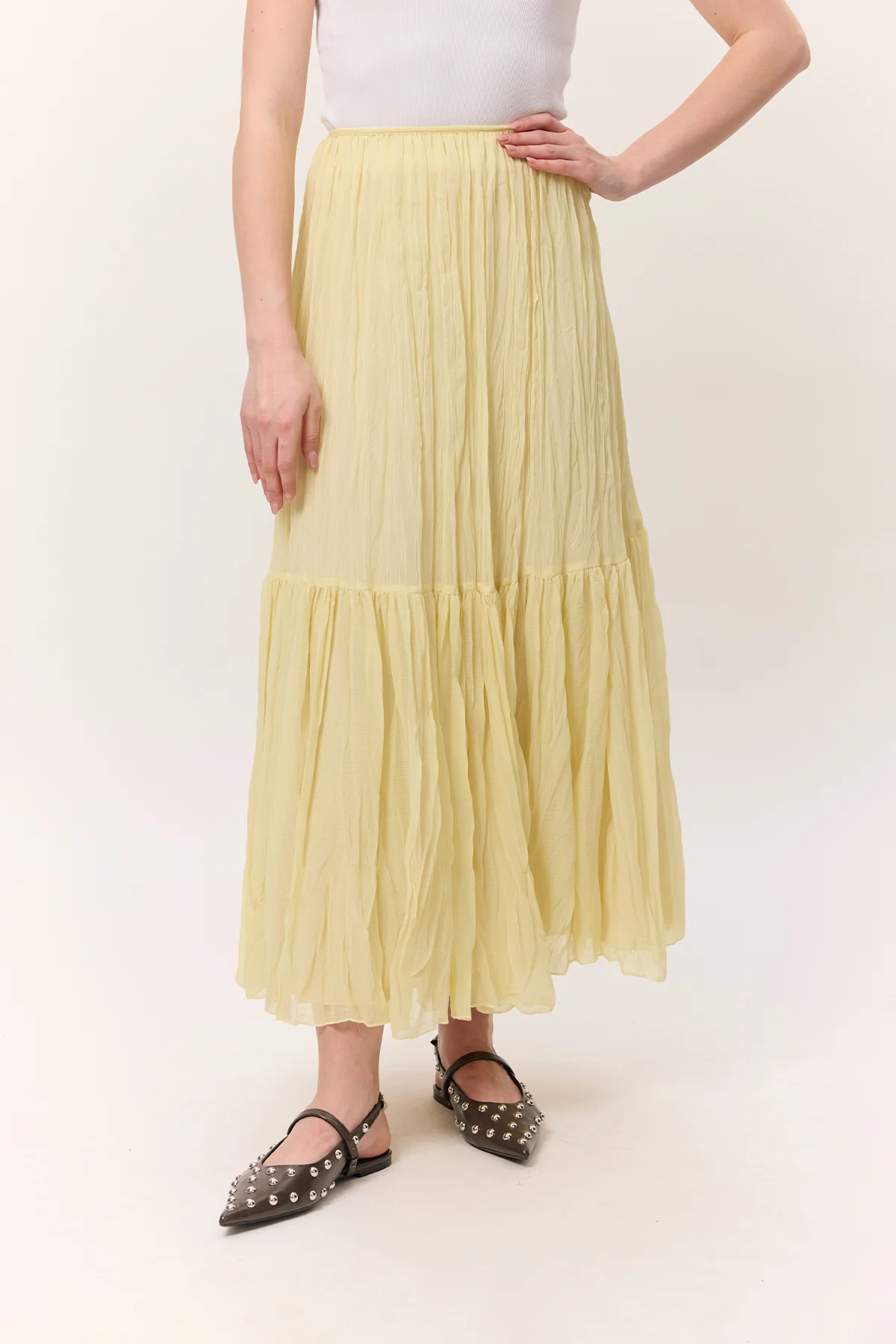 Crushed Pleated Maxi Skirt Soft Yellow - Image 4