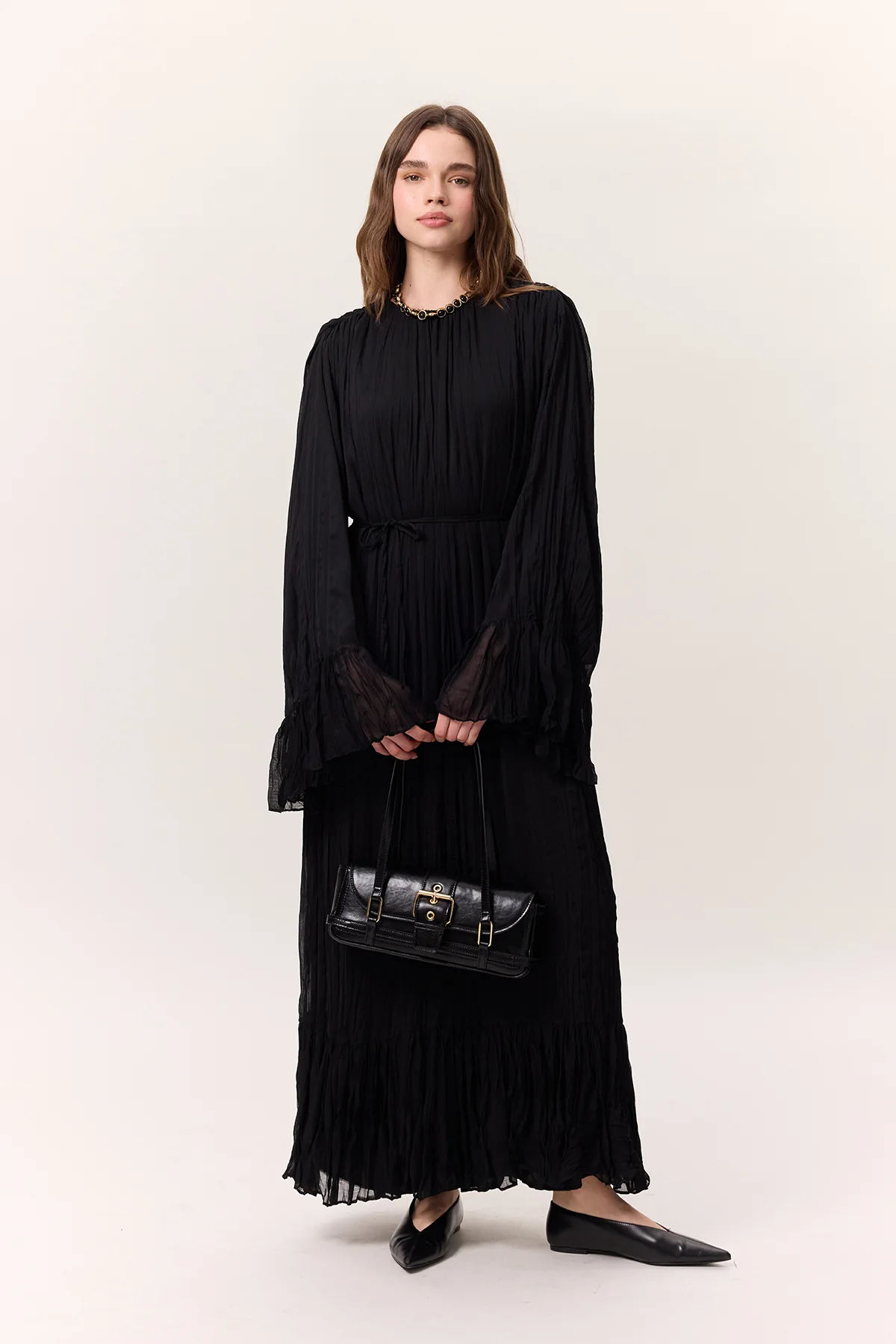Crushed Pleated Tiered Maxi Dress Black - Image 2