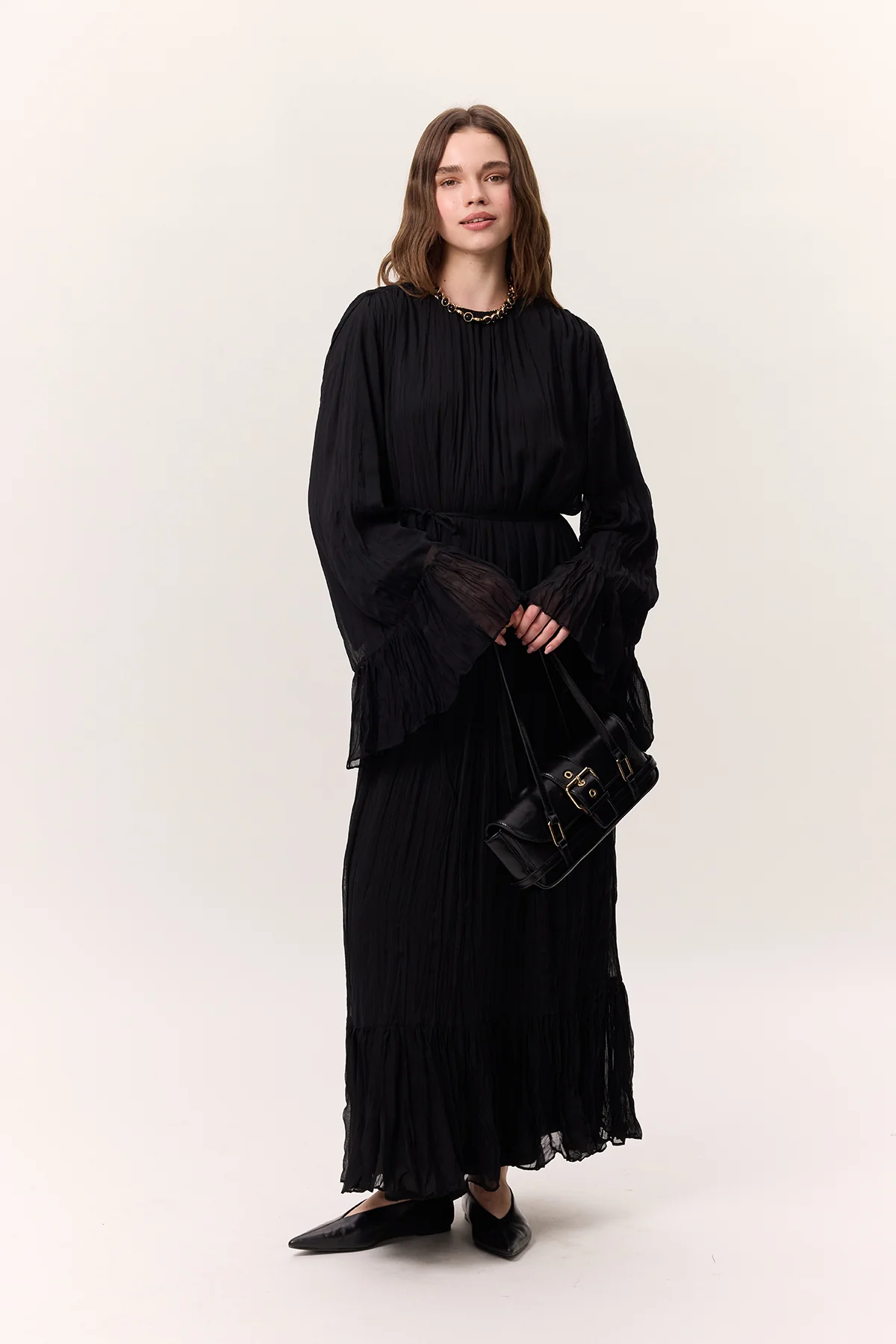 Crushed Pleated Tiered Maxi Dress Black - Image 4