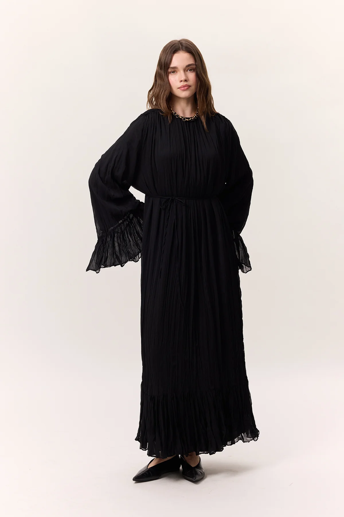 Crushed Pleated Tiered Maxi Dress Black - Image 6