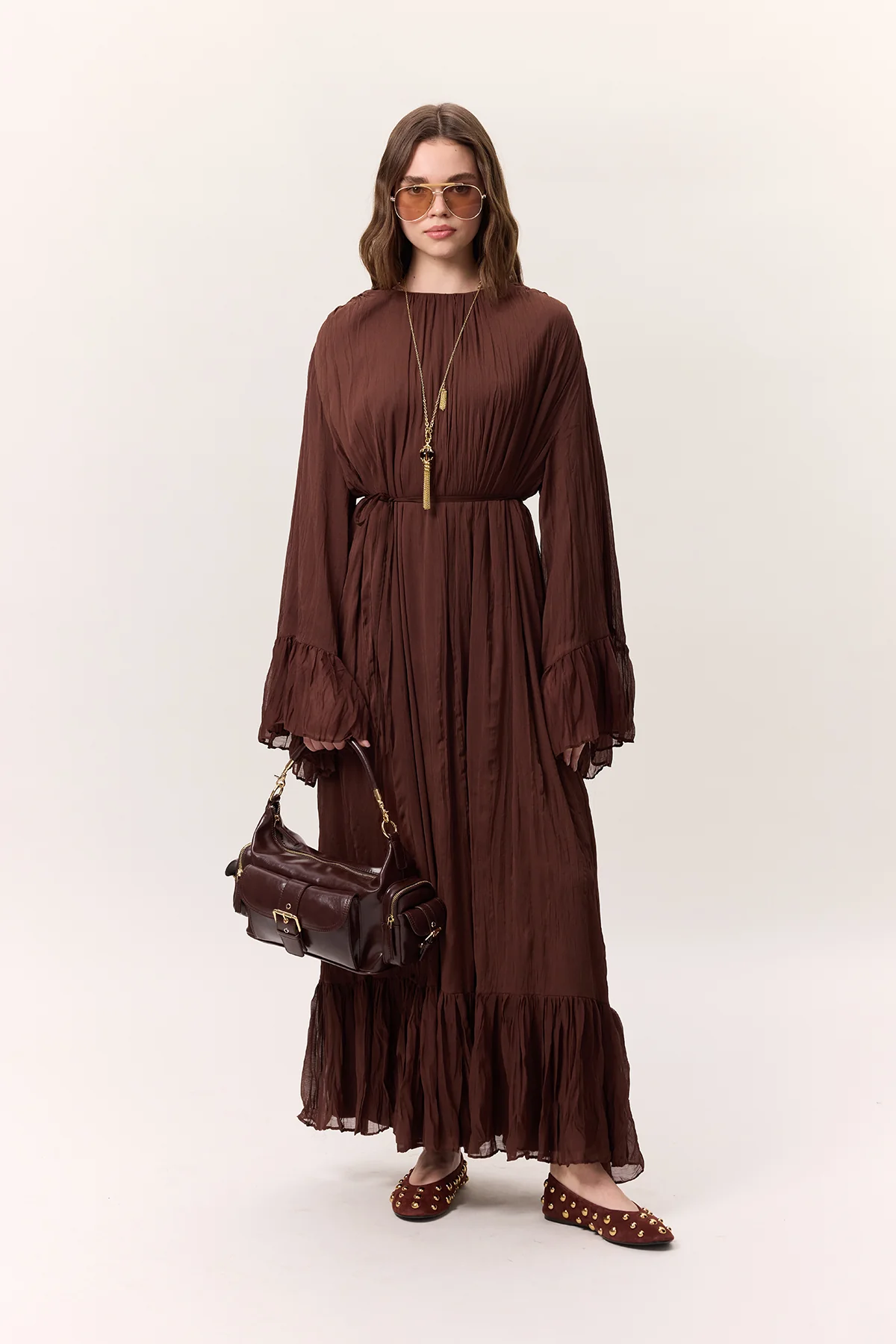 Crushed Pleated Tiered Maxi Dress Brown - Image 2