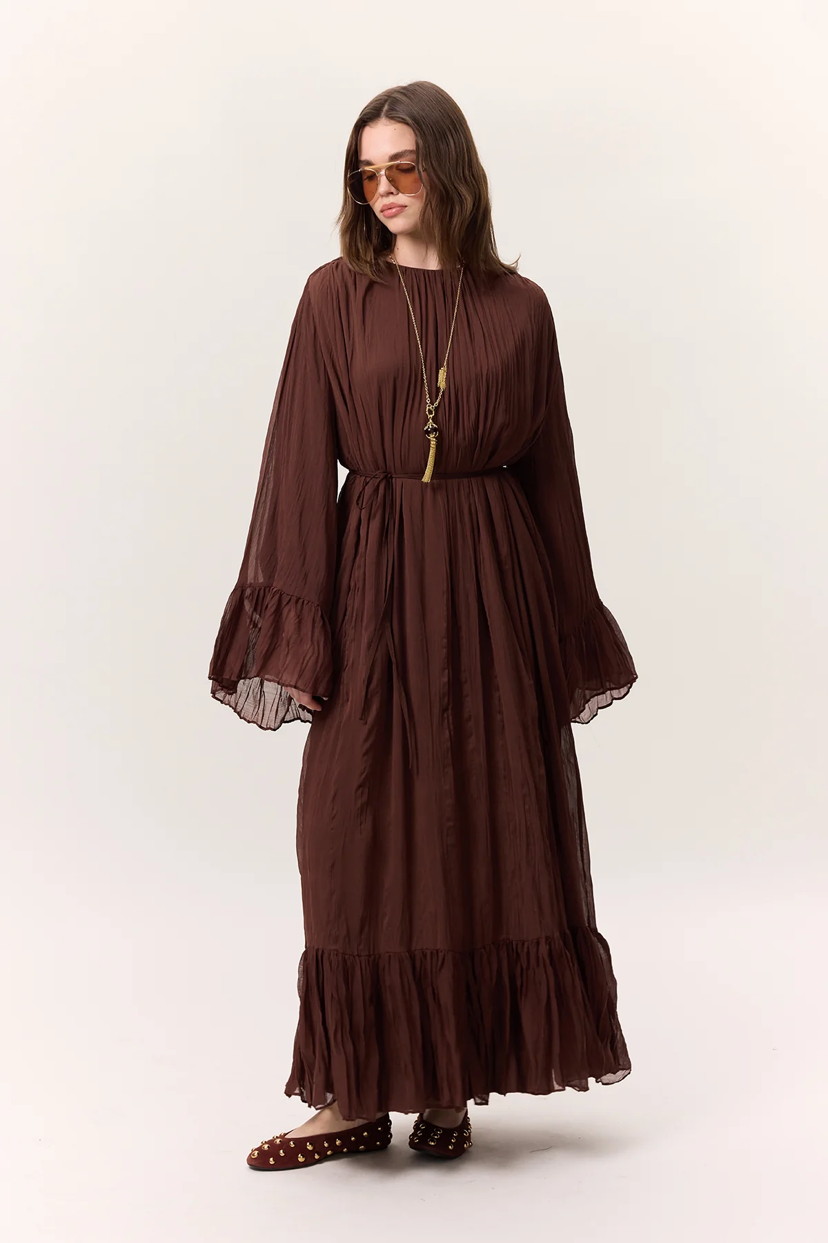 Crushed Pleated Tiered Maxi Dress Brown - Image 3