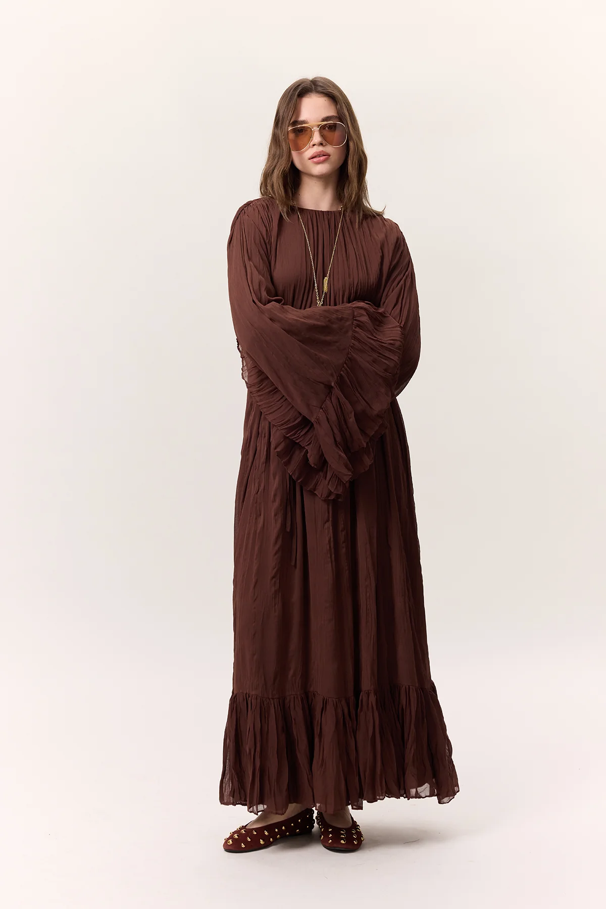 Crushed Pleated Tiered Maxi Dress Brown - Image 4