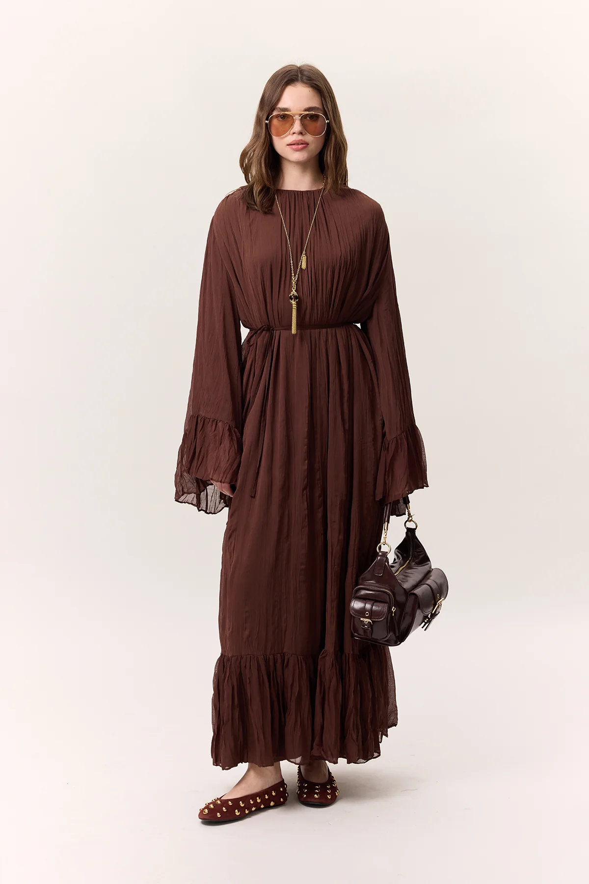 Crushed Pleated Tiered Maxi Dress Brown - Image 7