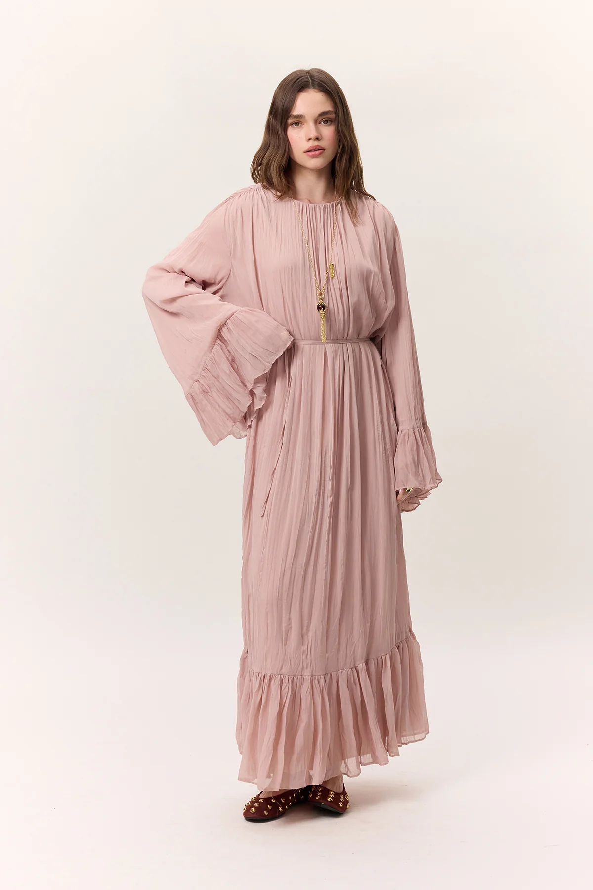 Crushed Pleated Tiered Maxi Dress Powder - Image 4
