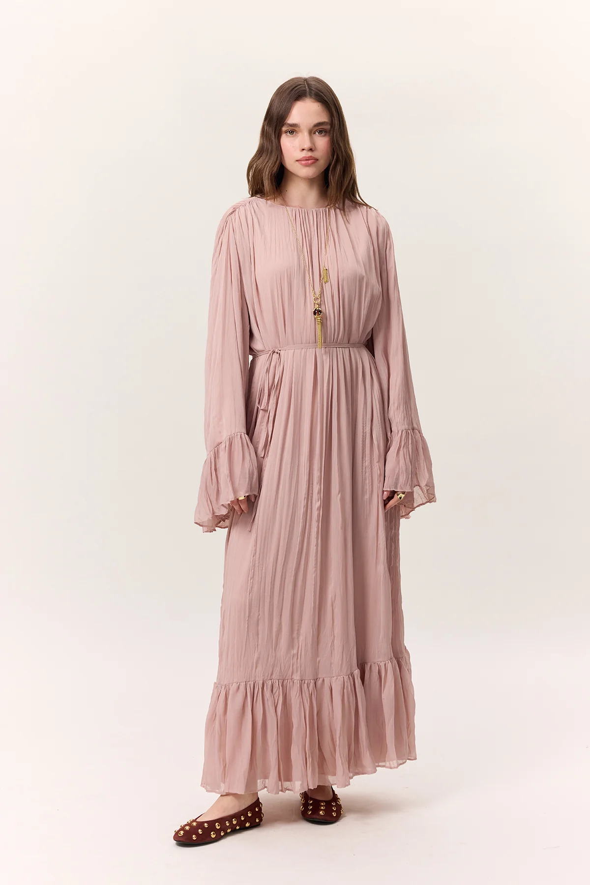 Crushed Pleated Tiered Maxi Dress Powder - Image 6