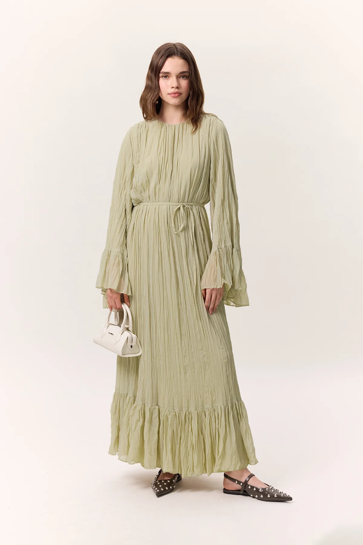 Crushed Pleated Tiered Maxi Dress Sage Green - Image 4
