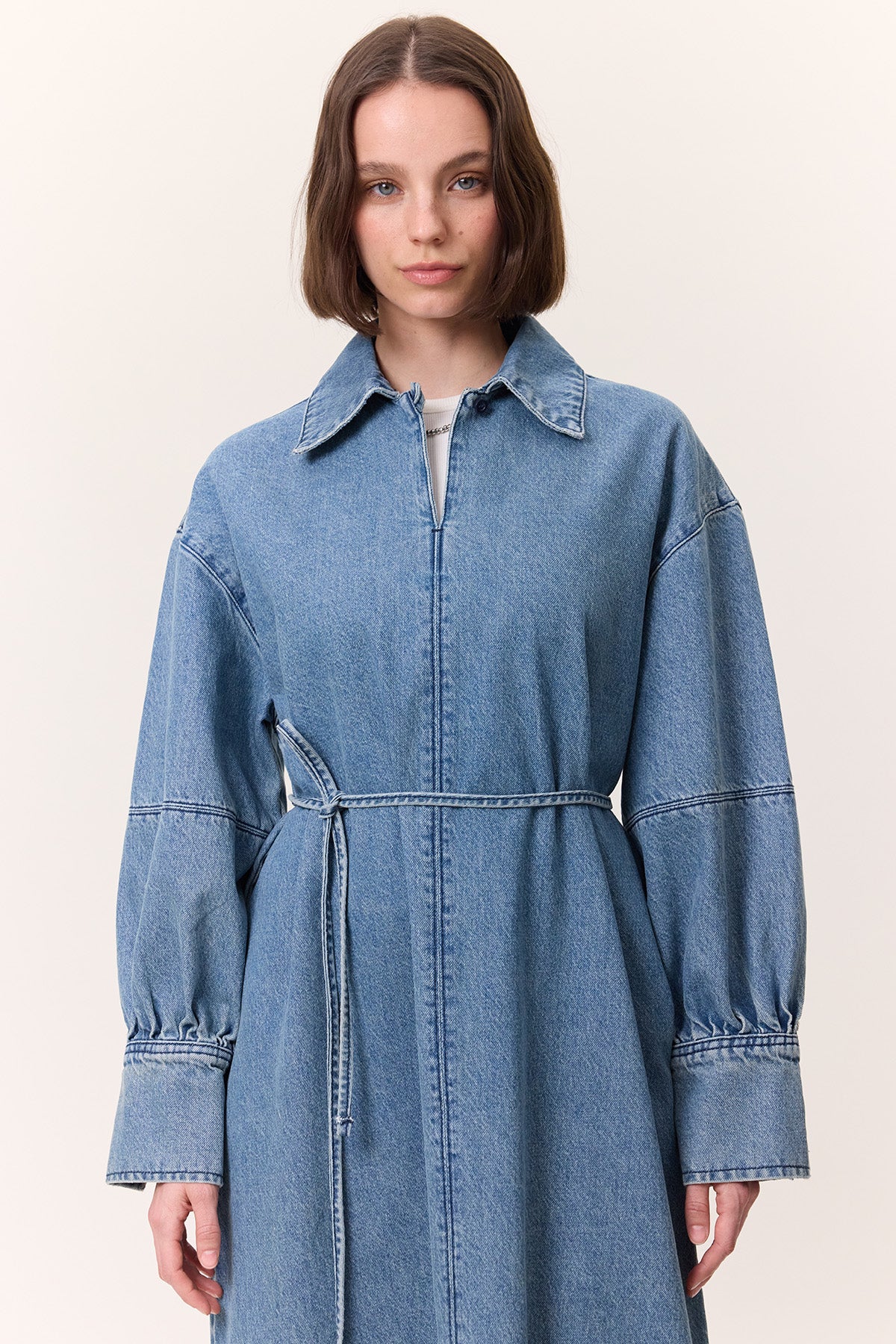 Cuffed Denim Dress Light Blue - Image 2