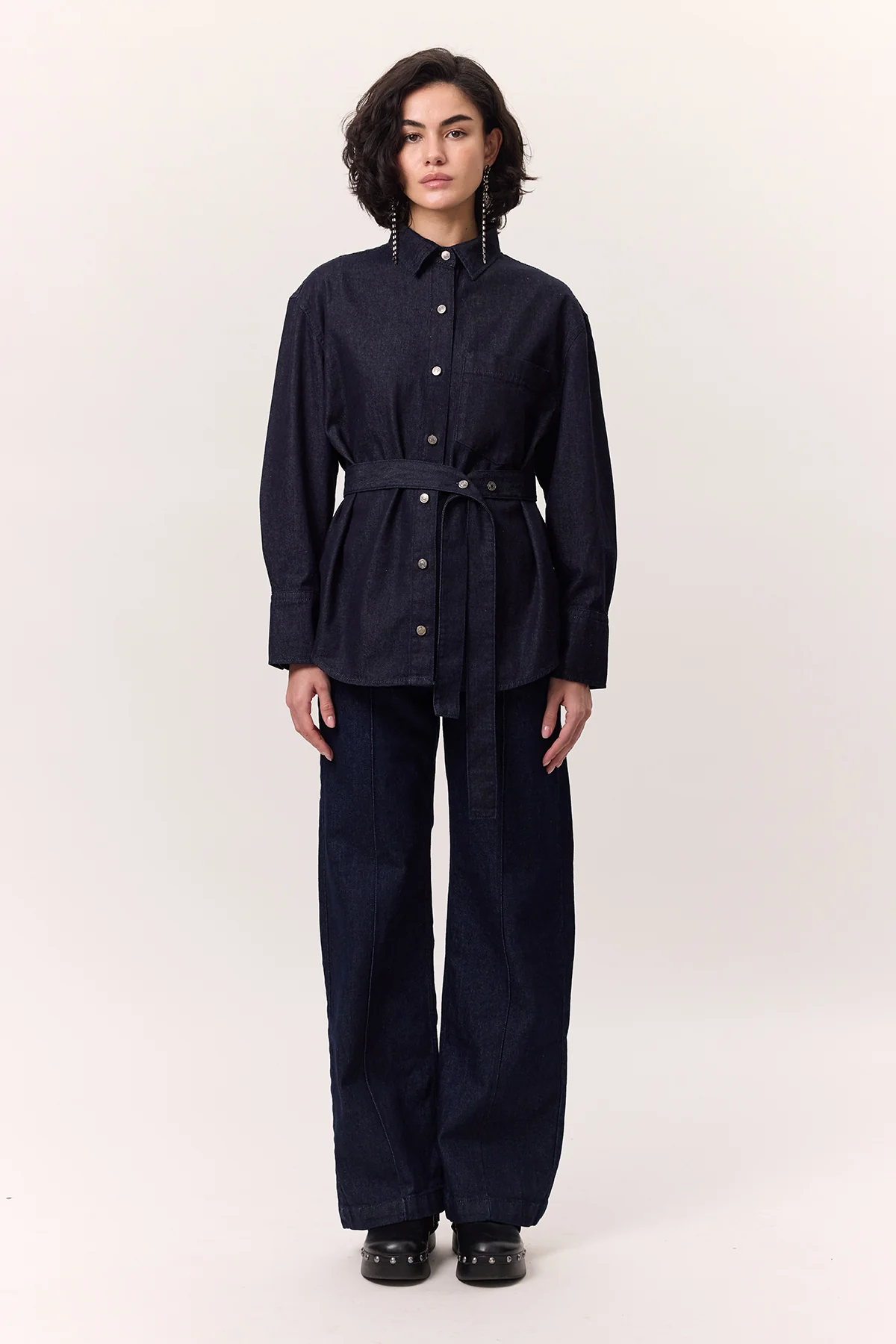 Denim Shirt With Belt Detail Dark Blue - Image 3