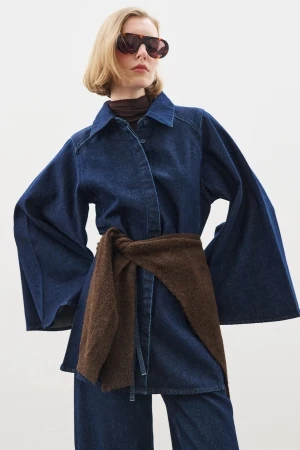 Denim Shirt With Cape Sleeves Indigo - Image 4