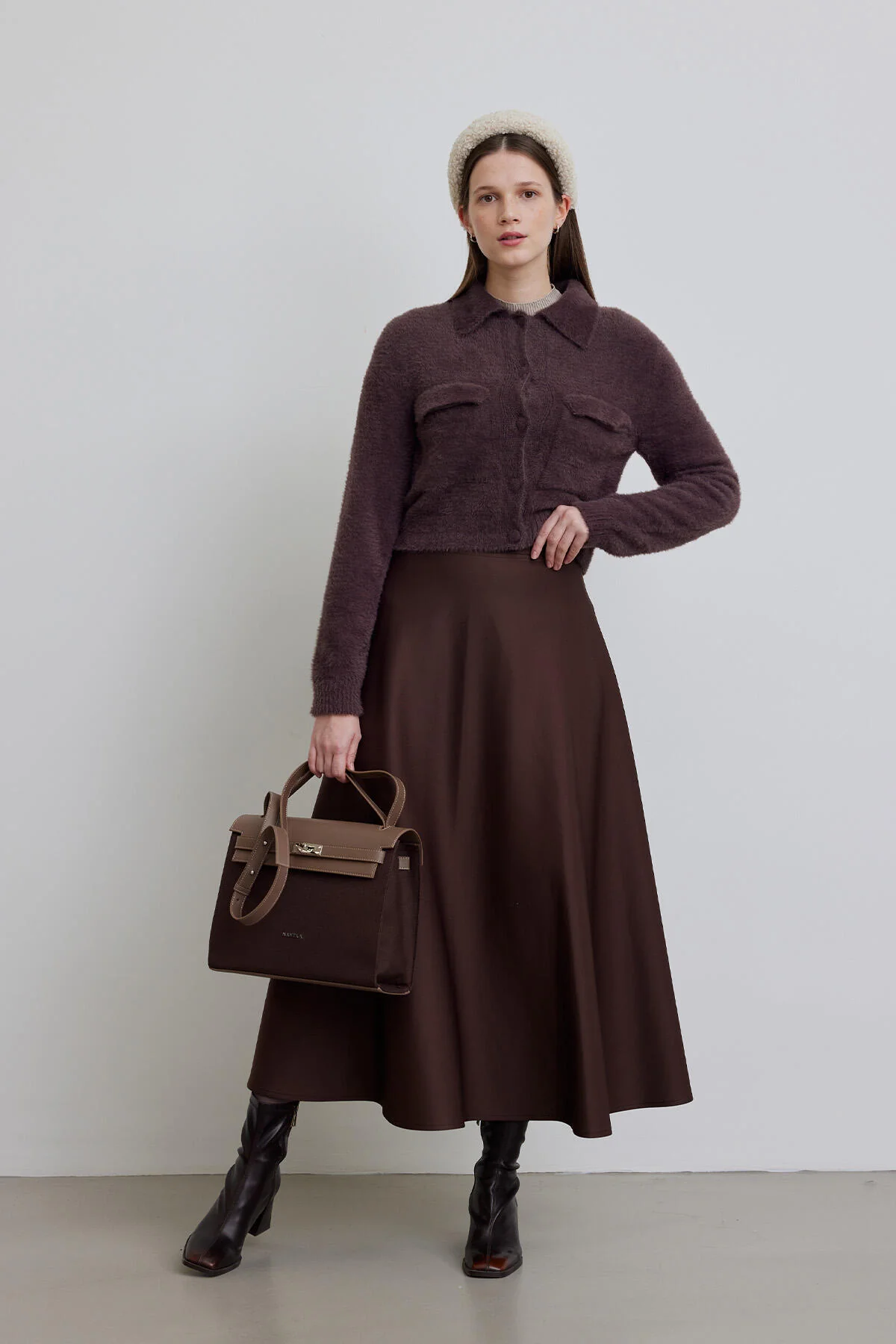 Faux Leather Detailed Canvas Bag Dark Brown - Image 2