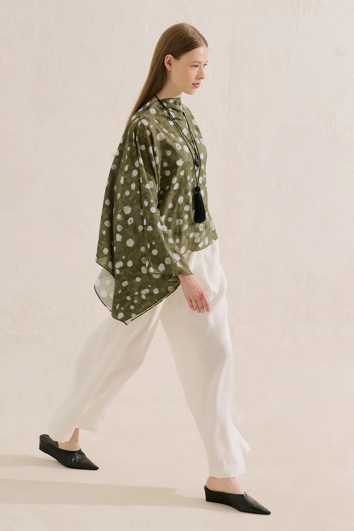 Patterned Cape Blouse Polka Dots Green