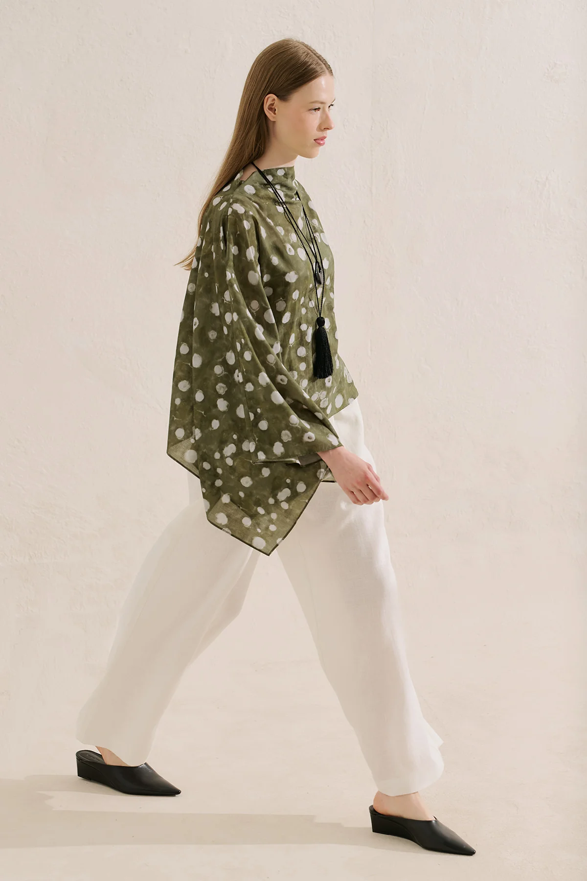 Patterned Cape Blouse Polka Dots Green - Image 2