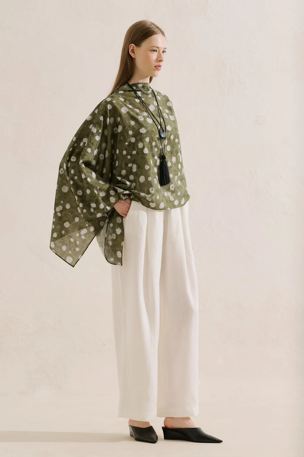 Patterned Cape Blouse Polka Dots Green - Image 4