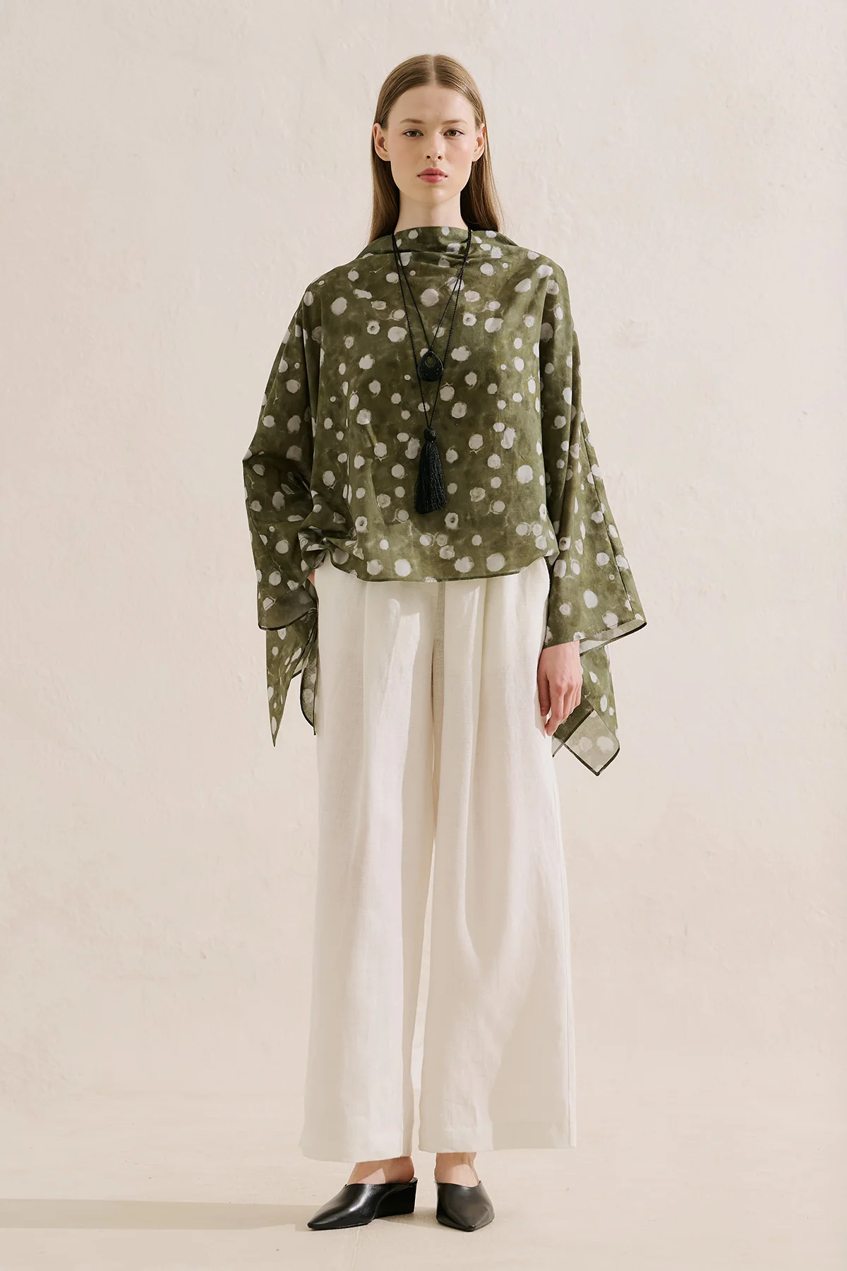 Patterned Cape Blouse Polka Dots Green - Image 5