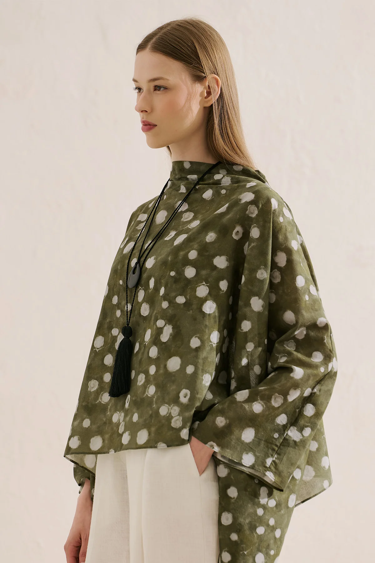 Patterned Cape Blouse Polka Dots Green - Image 6
