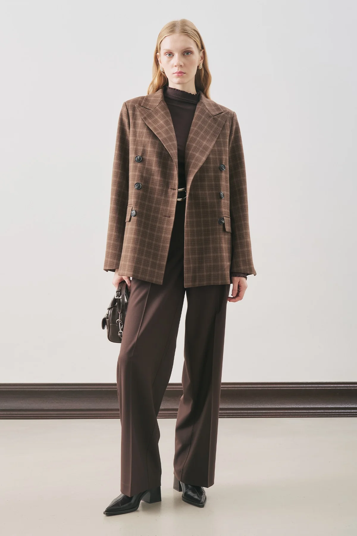 Double-Breasted Checked Blazer Brown