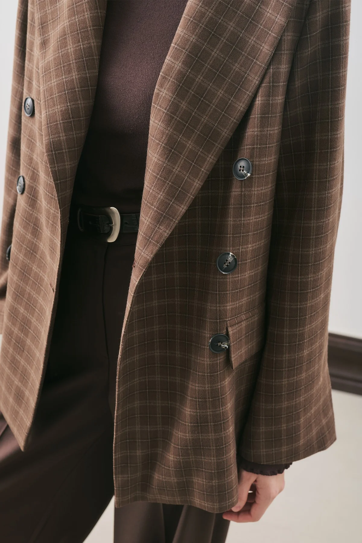 Double-Breasted Checked Blazer Brown - Image 6