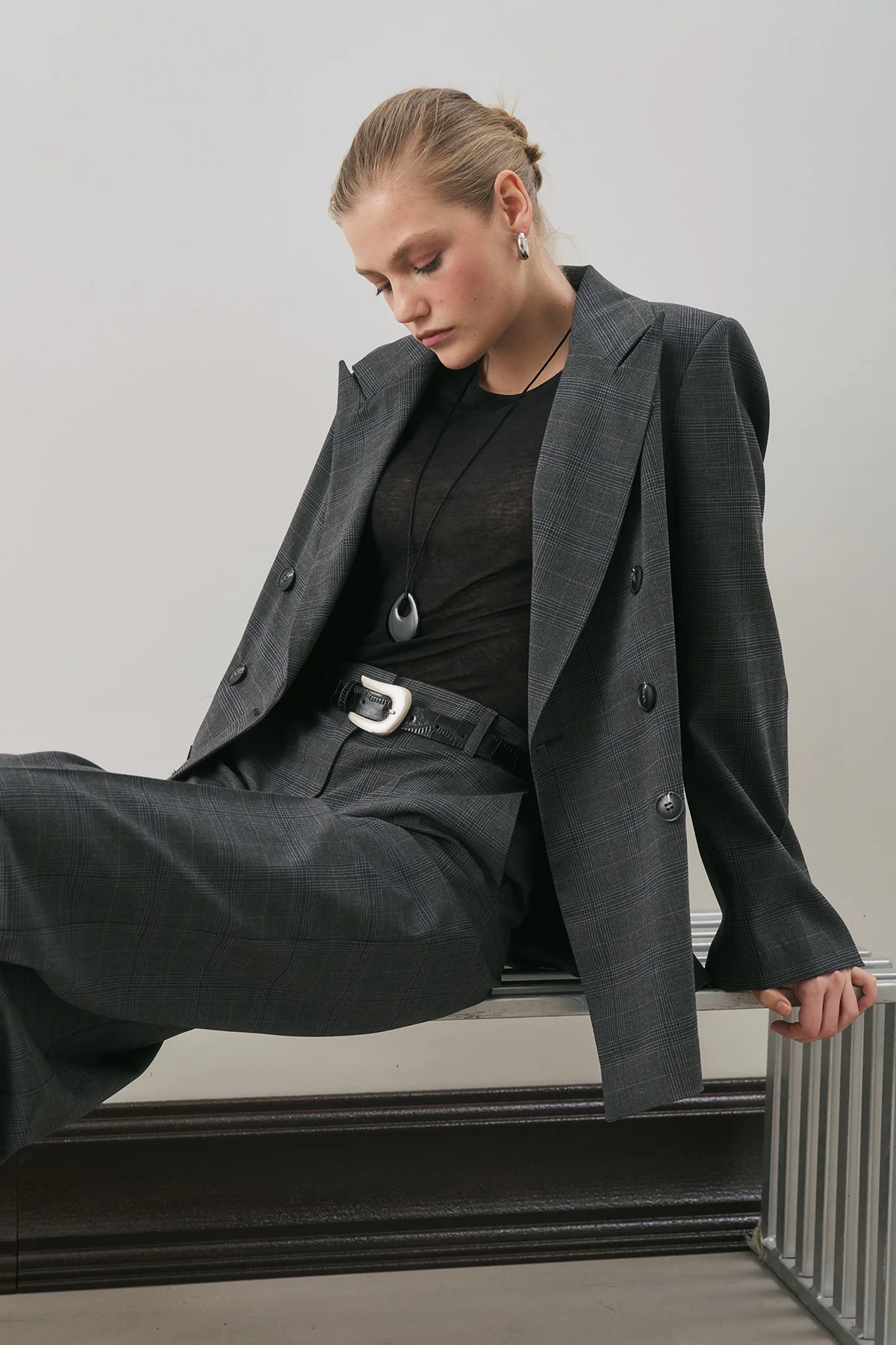 Double-Breasted Checked Blazer Grey - Image 2