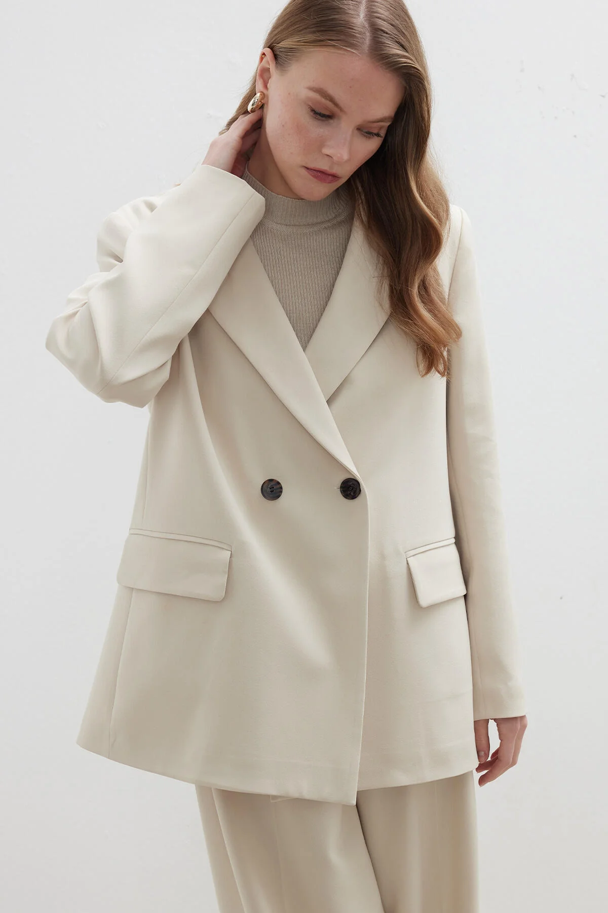 Double-Breasted Classic Blazer Jacket Beige - Image 4